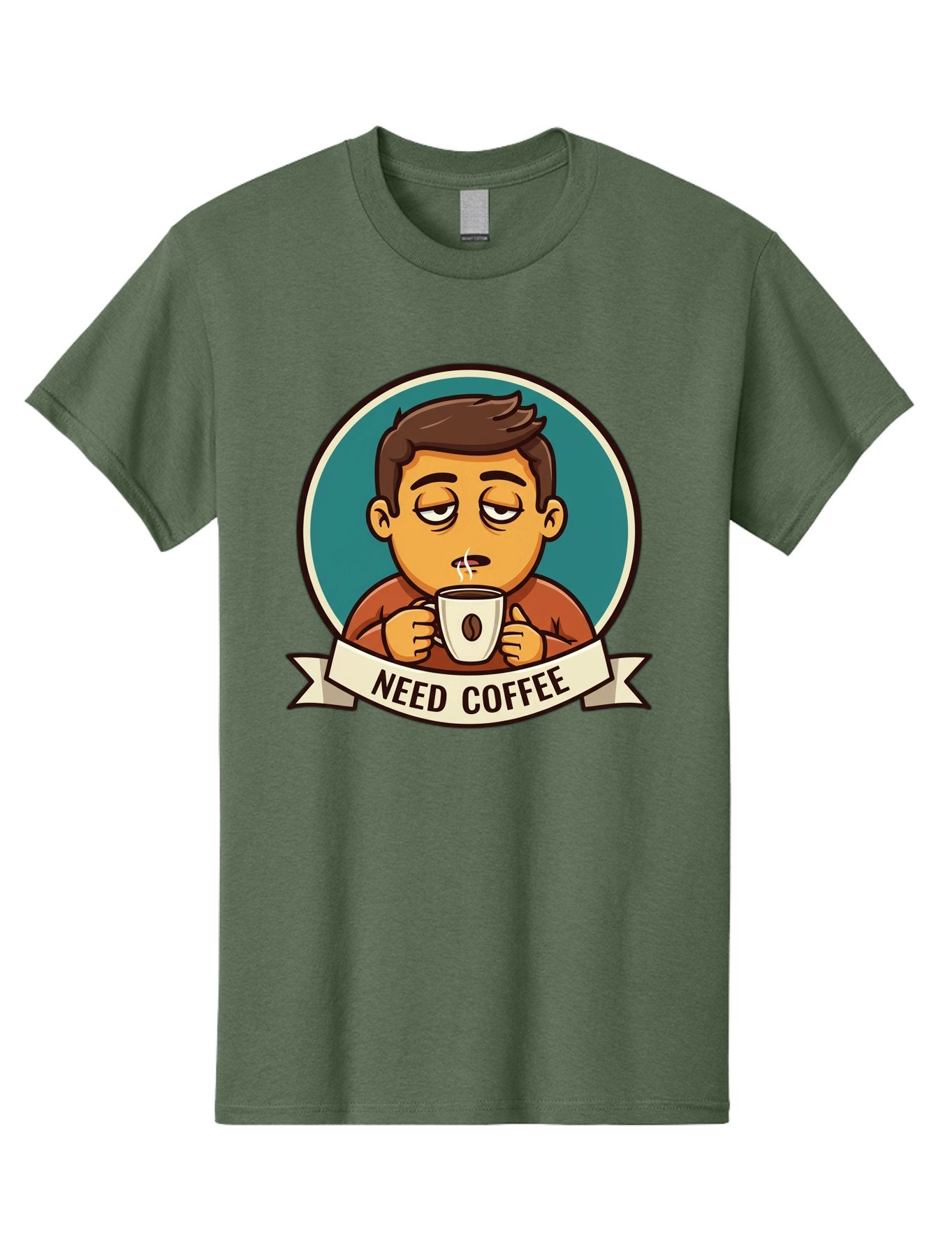 Need-Coffee Men'S Graphic Tee, 100% Cotton, Comfortable Casual Summer Wear, Machine Washable, Tired Cartoon Character, Coffee Lover, Morning Pick-Me-Up, Caffeine Fix, Funny Illustration, Coffee Addiction, Coffee Culture Bac195 11