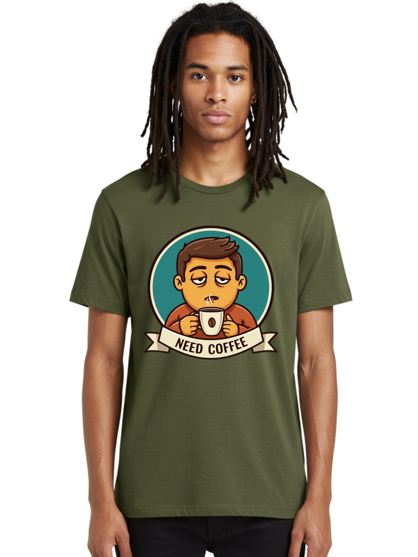 Need-Coffee Men'S Graphic Tee, 100% Cotton, Comfortable Casual Summer Wear, Machine Washable, Tired Cartoon Character, Coffee Lover, Morning Pick-Me-Up, Caffeine Fix, Funny Illustration, Coffee Addiction, Coffee Culture Bac195 27