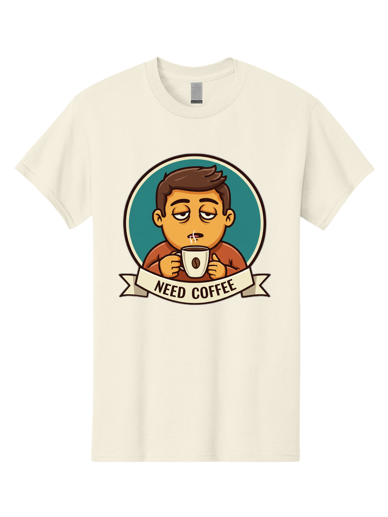 Need-Coffee Men'S Graphic Tee, 100% Cotton, Comfortable Casual Summer Wear, Machine Washable, Tired Cartoon Character, Coffee Lover, Morning Pick-Me-Up, Caffeine Fix, Funny Illustration, Coffee Addiction, Coffee Culture Bac195 13