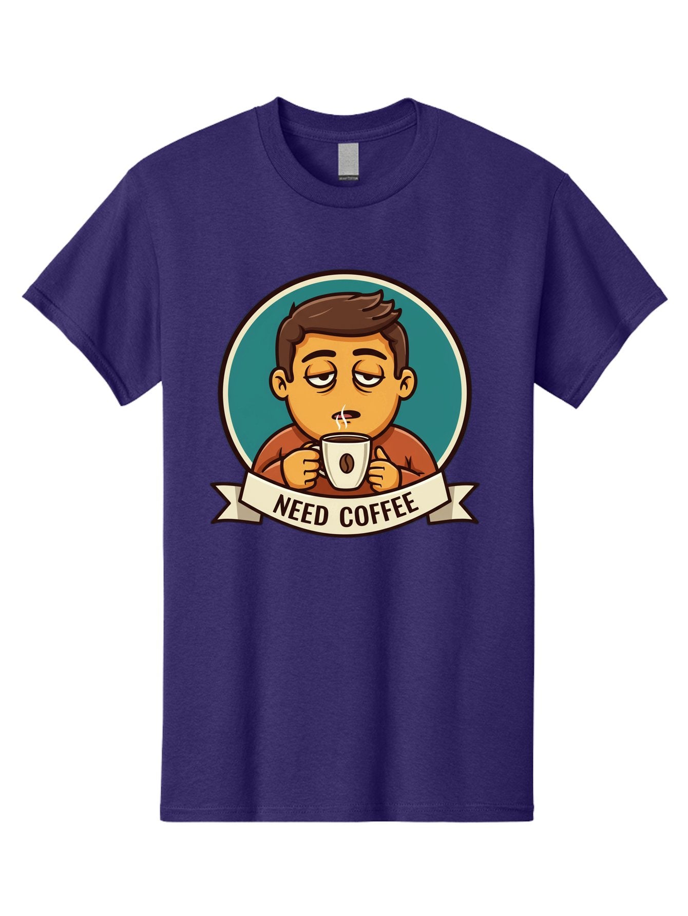 Need-Coffee Men'S Graphic Tee, 100% Cotton, Comfortable Casual Summer Wear, Machine Washable, Tired Cartoon Character, Coffee Lover, Morning Pick-Me-Up, Caffeine Fix, Funny Illustration, Coffee Addiction, Coffee Culture Bac195 9