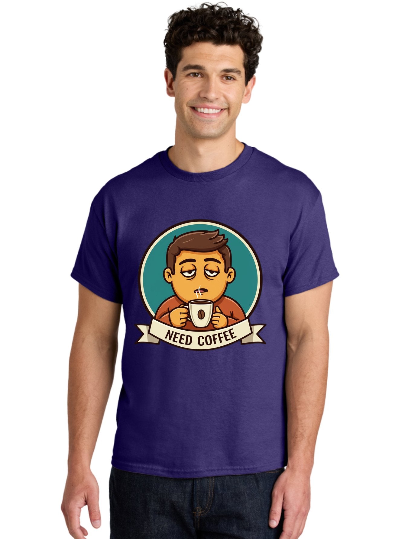 Need-Coffee Men'S Graphic Tee, 100% Cotton, Comfortable Casual Summer Wear, Machine Washable, Tired Cartoon Character, Coffee Lover, Morning Pick-Me-Up, Caffeine Fix, Funny Illustration, Coffee Addiction, Coffee Culture Bac195 26