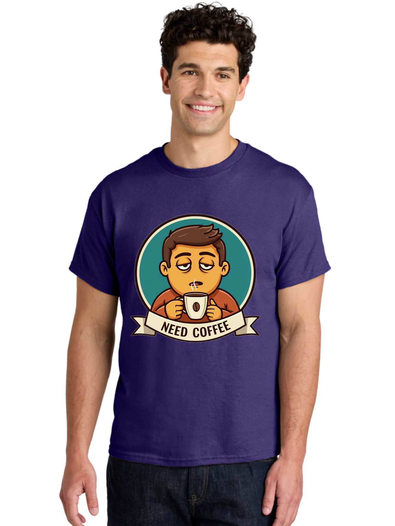 Need-Coffee Men'S Graphic Tee, 100% Cotton, Comfortable Casual Summer Wear, Machine Washable, Tired Cartoon Character, Coffee Lover, Morning Pick-Me-Up, Caffeine Fix, Funny Illustration, Coffee Addiction, Coffee Culture Bac195 20