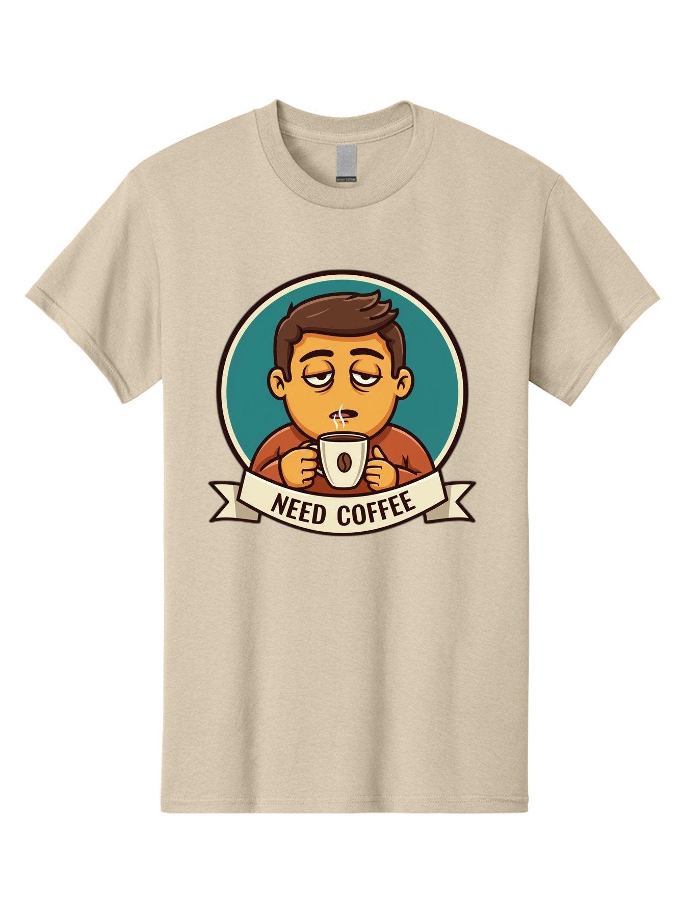 Need-Coffee Men'S Graphic Tee, 100% Cotton, Comfortable Casual Summer Wear, Machine Washable, Tired Cartoon Character, Coffee Lover, Morning Pick-Me-Up, Caffeine Fix, Funny Illustration, Coffee Addiction, Coffee Culture Bac195 12