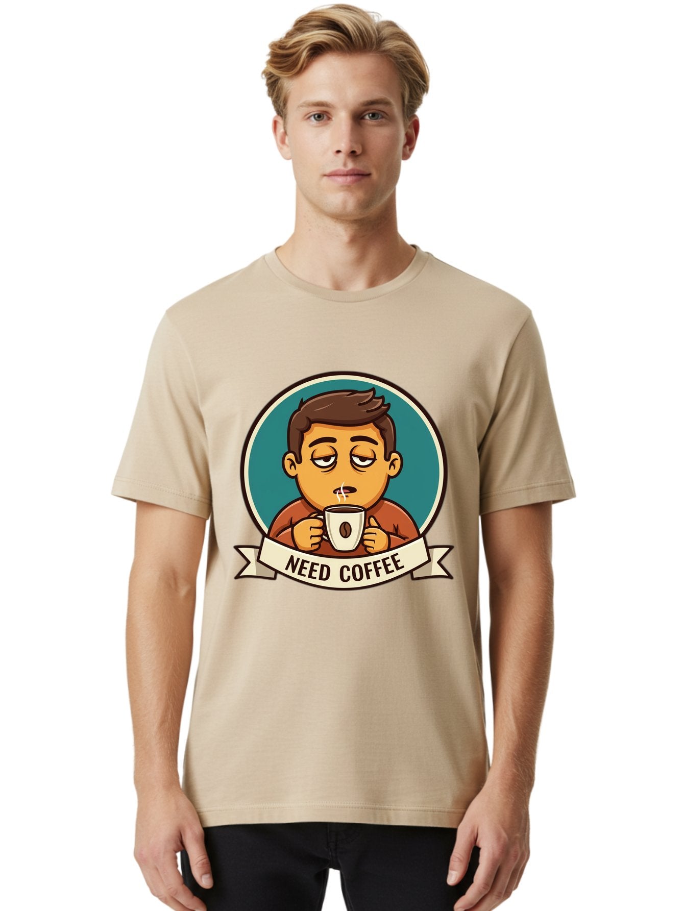 Need-Coffee Men'S Graphic Tee, 100% Cotton, Comfortable Casual Summer Wear, Machine Washable, Tired Cartoon Character, Coffee Lover, Morning Pick-Me-Up, Caffeine Fix, Funny Illustration, Coffee Addiction, Coffee Culture Bac195 28