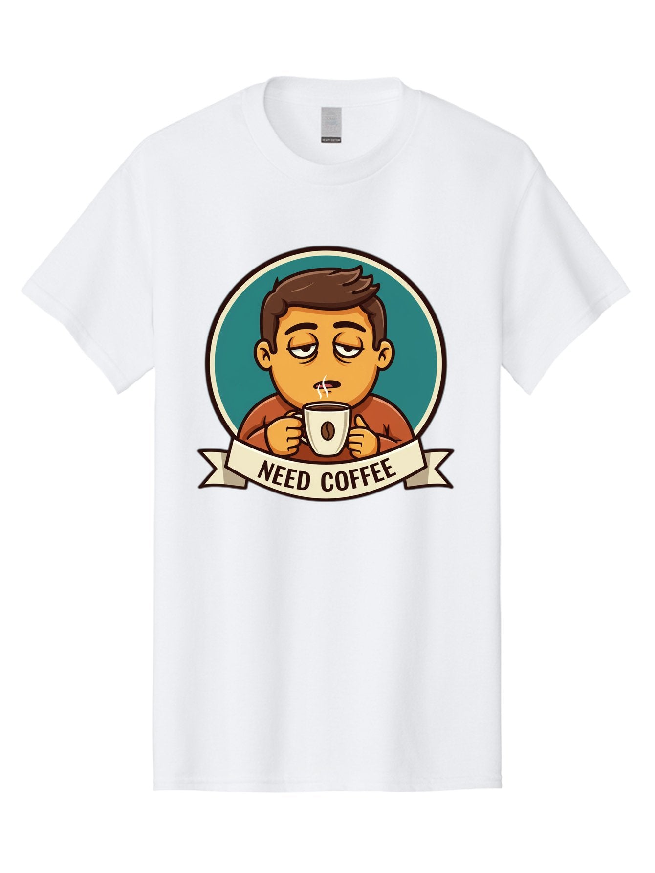 Need-Coffee Men'S Graphic Tee, 100% Cotton, Comfortable Casual Summer Wear, Machine Washable, Tired Cartoon Character, Coffee Lover, Morning Pick-Me-Up, Caffeine Fix, Funny Illustration, Coffee Addiction, Coffee Culture Bac195 3