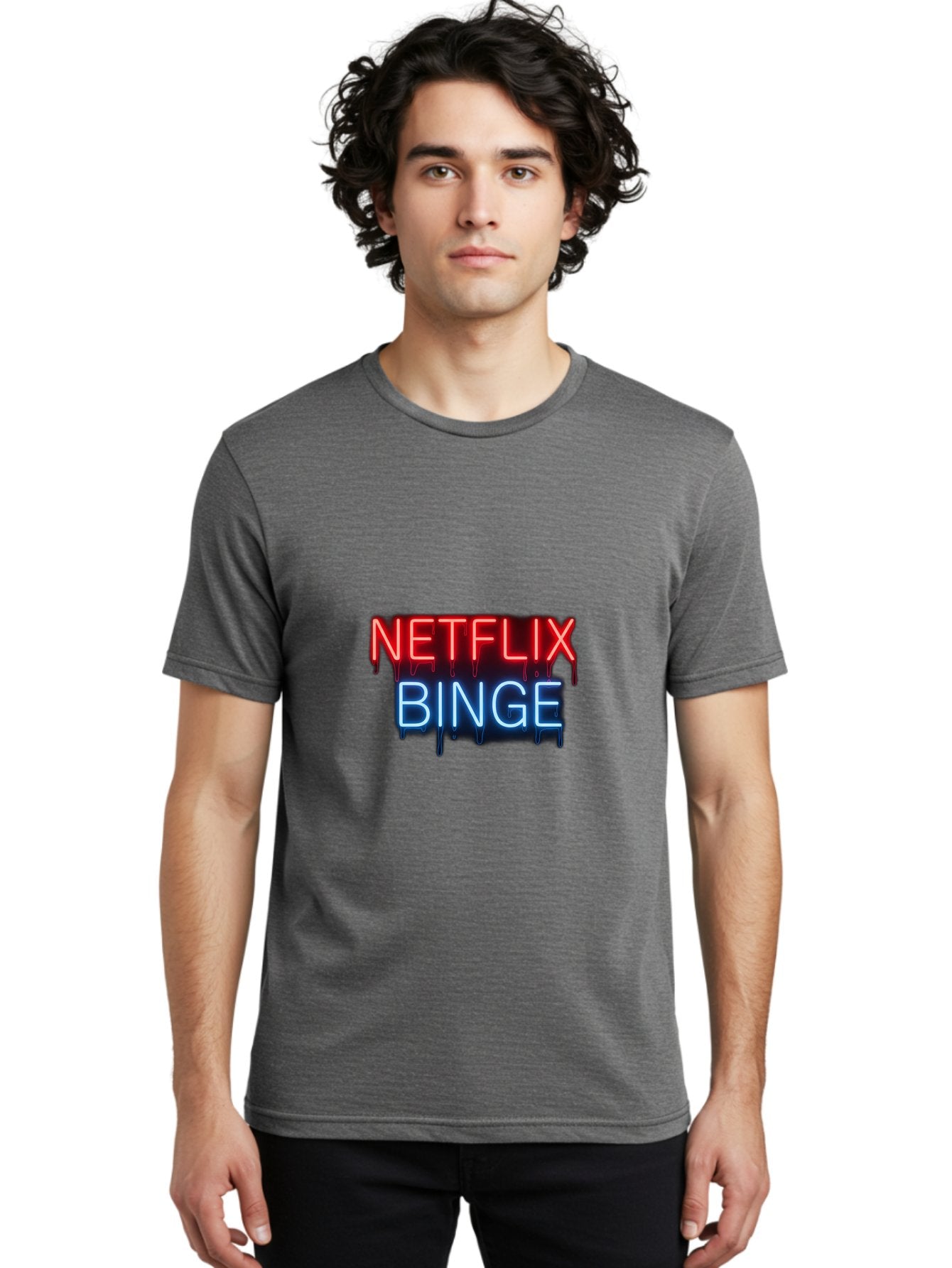 Netflix-Binge Men'S Graphic Tee, 100% Cotton, Comfortable Casual Summer Wear, Machine Washable, Netflix, Binge-Watching, Streaming Service, Neon Sign, Red And Blue Text, Tv Shows, Online Entertainment, Popular Culture, Dript Effect, Bac196 24