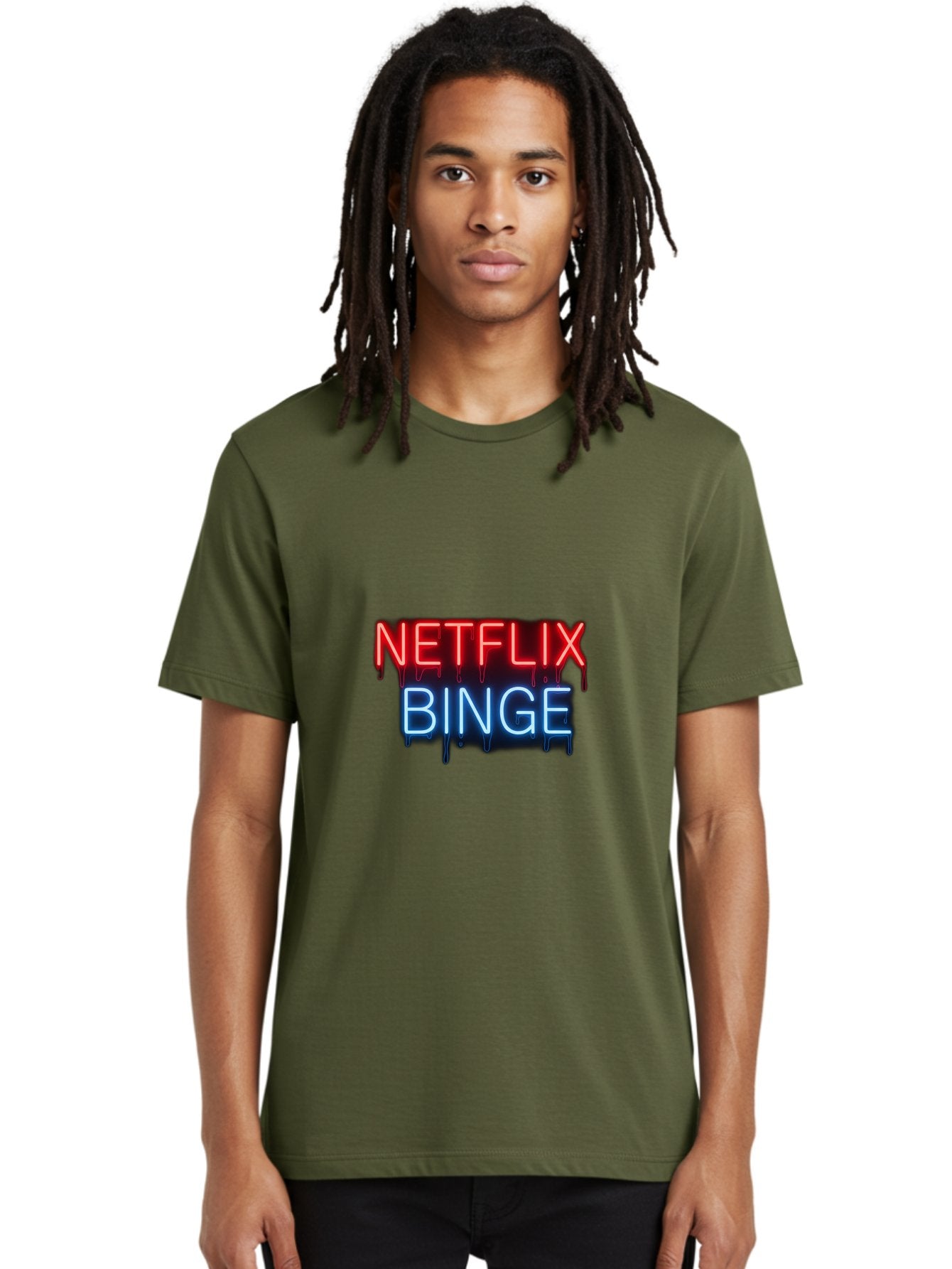 Netflix-Binge Men'S Graphic Tee, 100% Cotton, Comfortable Casual Summer Wear, Machine Washable, Netflix, Binge-Watching, Streaming Service, Neon Sign, Red And Blue Text, Tv Shows, Online Entertainment, Popular Culture, Dript Effect, Bac196 18