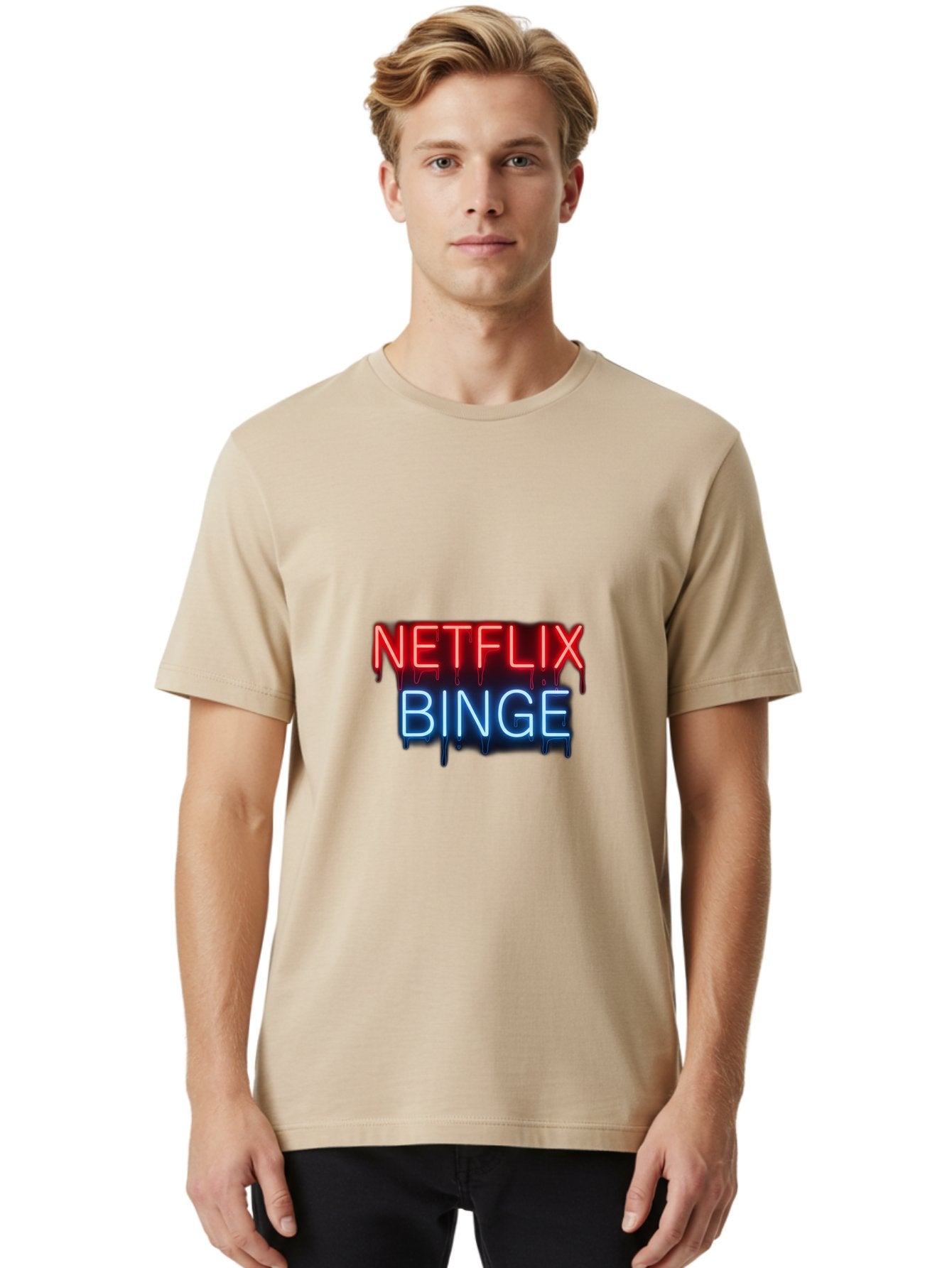 Netflix-Binge Men'S Graphic Tee, 100% Cotton, Comfortable Casual Summer Wear, Machine Washable, Netflix, Binge-Watching, Streaming Service, Neon Sign, Red And Blue Text, Tv Shows, Online Entertainment, Popular Culture, Dript Effect, Bac196 30