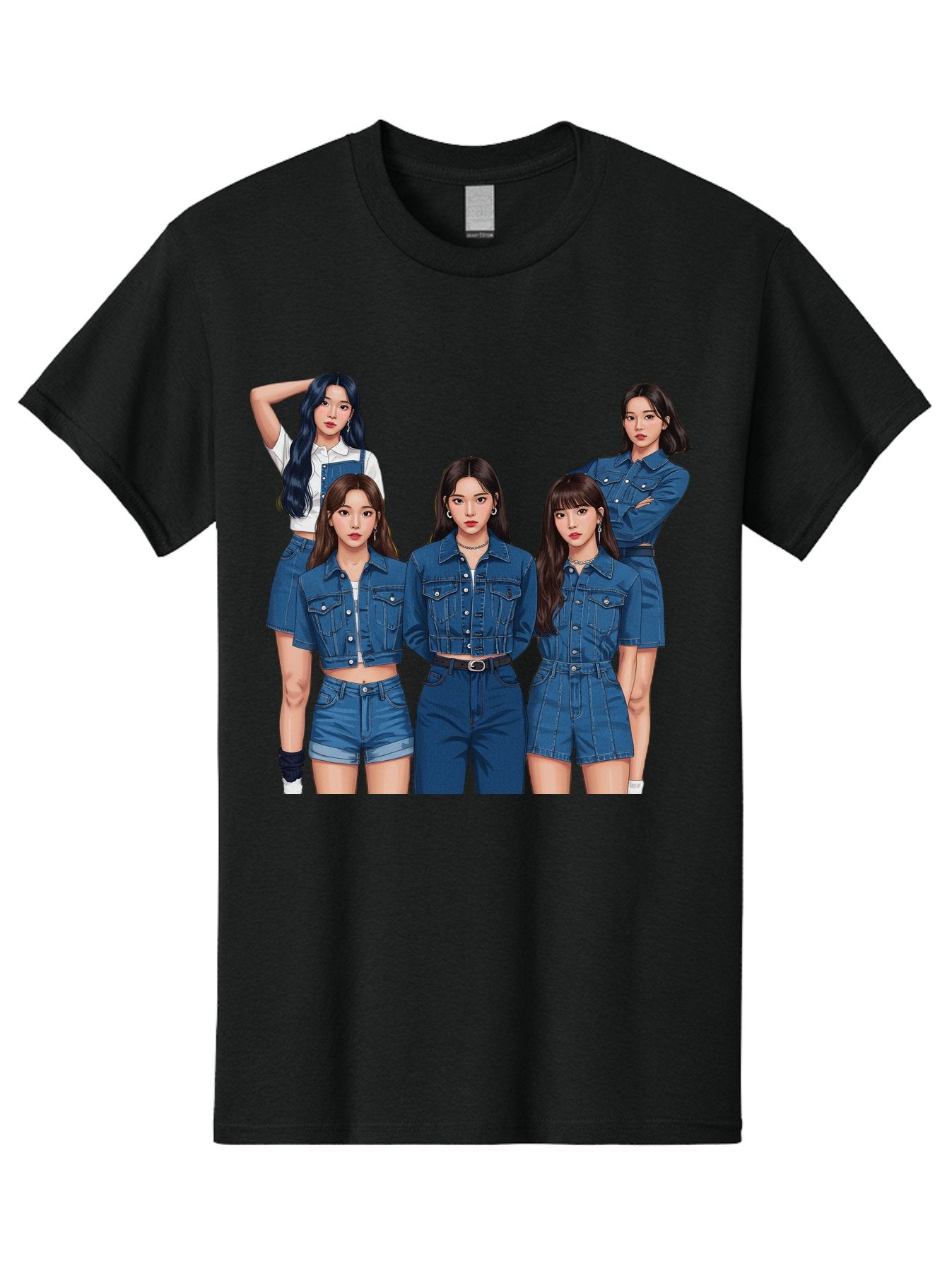 Newjeans-Group-Shot Men'S Graphic Tee, 100% Cotton, Comfortable Casual Summer Wear, Machine Washable, Newjeans K-Pop Group, Five Members, Denim Outfits, Casual Style, Fashion Icons, Group Portrait, K-Pop Fashion, Trendy Clothing, Long Hair, Bac197 7