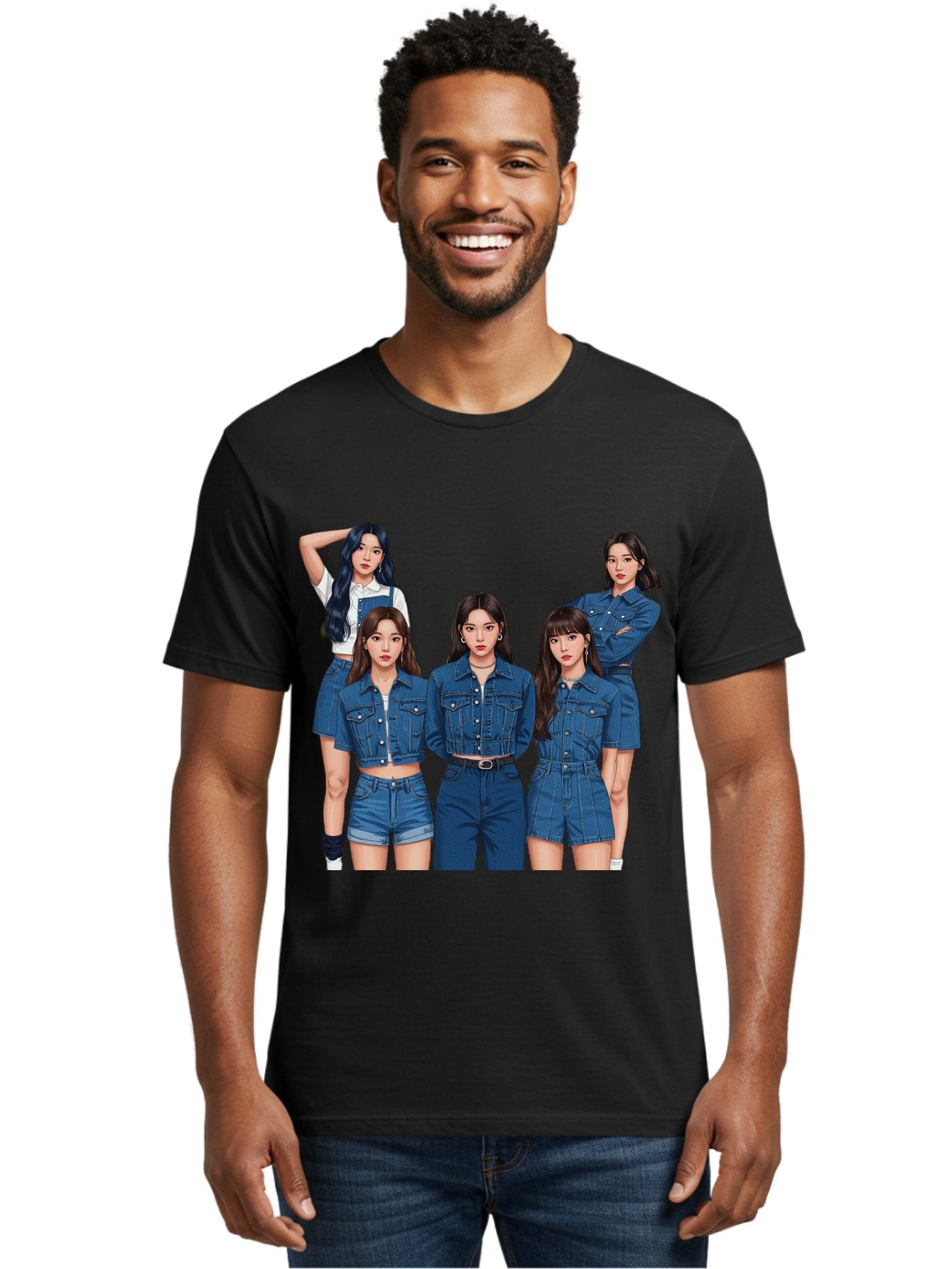 Newjeans-Group-Shot Men'S Graphic Tee, 100% Cotton, Comfortable Casual Summer Wear, Machine Washable, Newjeans K-Pop Group, Five Members, Denim Outfits, Casual Style, Fashion Icons, Group Portrait, K-Pop Fashion, Trendy Clothing, Long Hair, Bac197 16