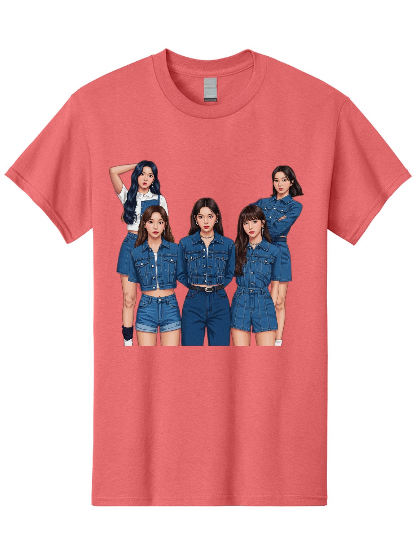 Newjeans-Group-Shot Men'S Graphic Tee, 100% Cotton, Comfortable Casual Summer Wear, Machine Washable, Newjeans K-Pop Group, Five Members, Denim Outfits, Casual Style, Fashion Icons, Group Portrait, K-Pop Fashion, Trendy Clothing, Long Hair, Bac197 5