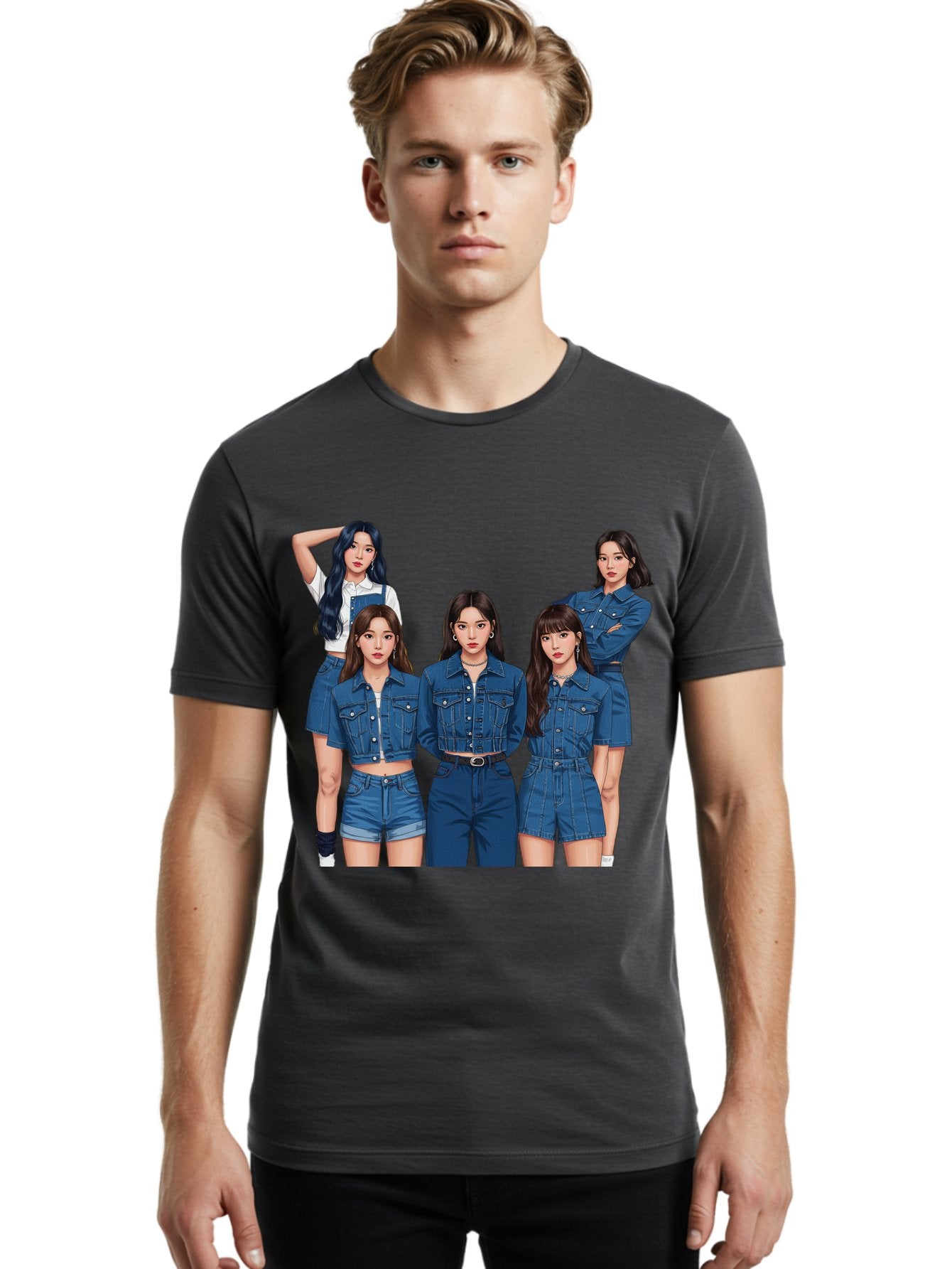 Newjeans-Group-Shot Men'S Graphic Tee, 100% Cotton, Comfortable Casual Summer Wear, Machine Washable, Newjeans K-Pop Group, Five Members, Denim Outfits, Casual Style, Fashion Icons, Group Portrait, K-Pop Fashion, Trendy Clothing, Long Hair, Bac197 25