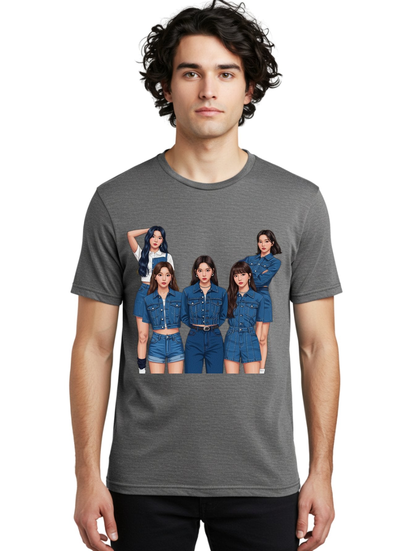 Newjeans-Group-Shot Men'S Graphic Tee, 100% Cotton, Comfortable Casual Summer Wear, Machine Washable, Newjeans K-Pop Group, Five Members, Denim Outfits, Casual Style, Fashion Icons, Group Portrait, K-Pop Fashion, Trendy Clothing, Long Hair, Bac197 17
