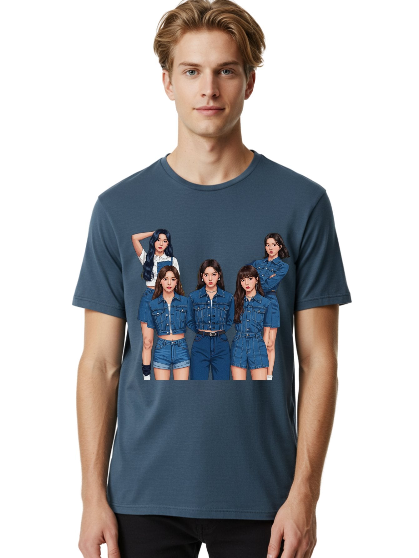Newjeans-Group-Shot Men'S Graphic Tee, 100% Cotton, Comfortable Casual Summer Wear, Machine Washable, Newjeans K-Pop Group, Five Members, Denim Outfits, Casual Style, Fashion Icons, Group Portrait, K-Pop Fashion, Trendy Clothing, Long Hair, Bac197 22