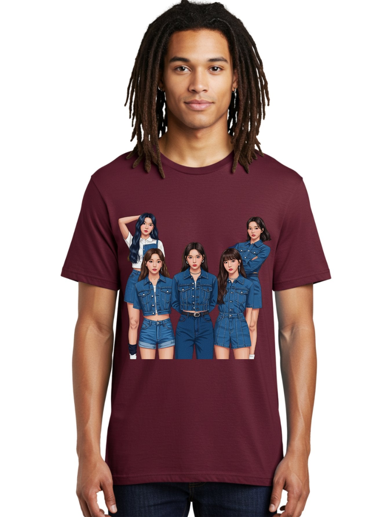 Newjeans-Group-Shot Men'S Graphic Tee, 100% Cotton, Comfortable Casual Summer Wear, Machine Washable, Newjeans K-Pop Group, Five Members, Denim Outfits, Casual Style, Fashion Icons, Group Portrait, K-Pop Fashion, Trendy Clothing, Long Hair, Bac197 30