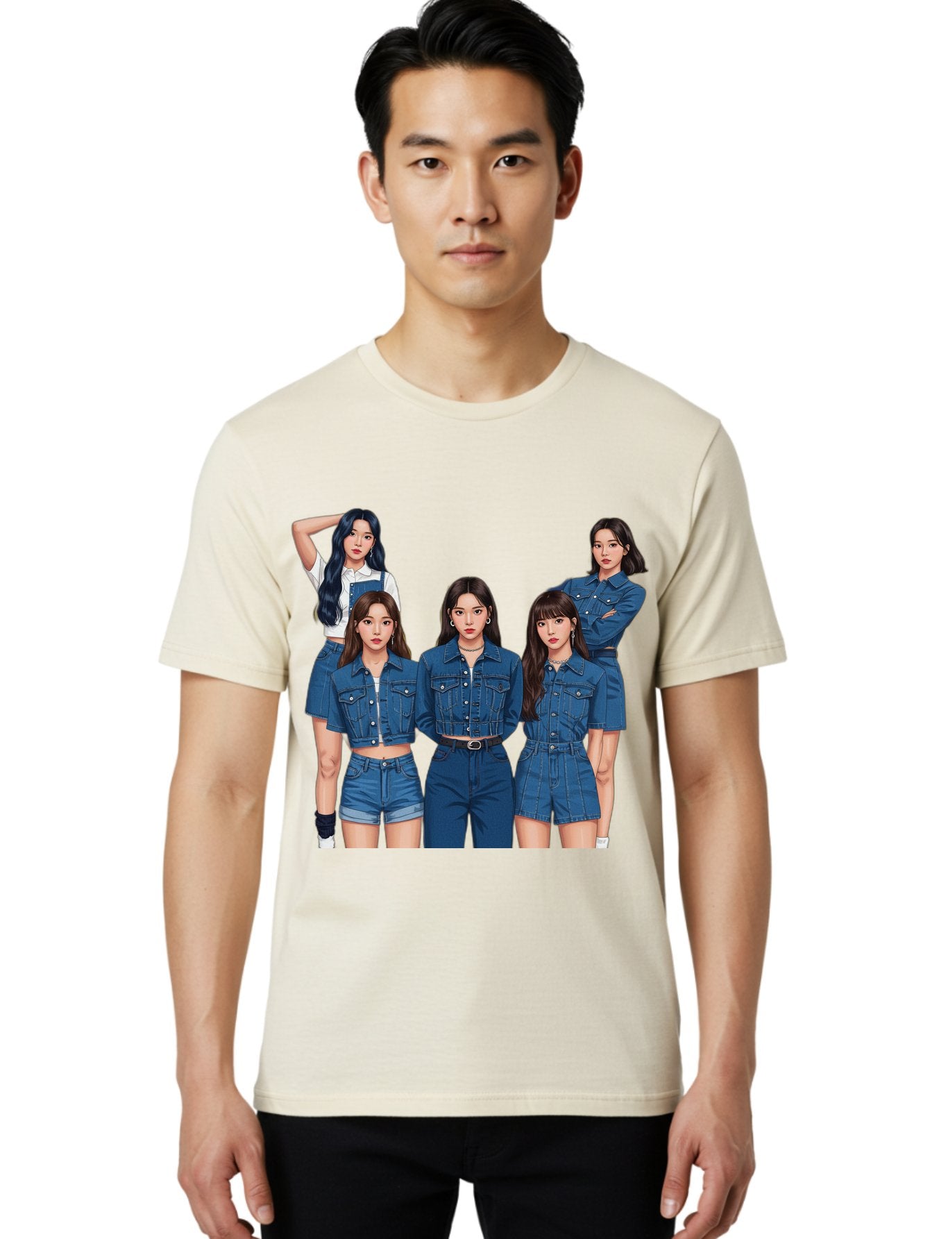 Newjeans-Group-Shot Men'S Graphic Tee, 100% Cotton, Comfortable Casual Summer Wear, Machine Washable, Newjeans K-Pop Group, Five Members, Denim Outfits, Casual Style, Fashion Icons, Group Portrait, K-Pop Fashion, Trendy Clothing, Long Hair, Bac197 18