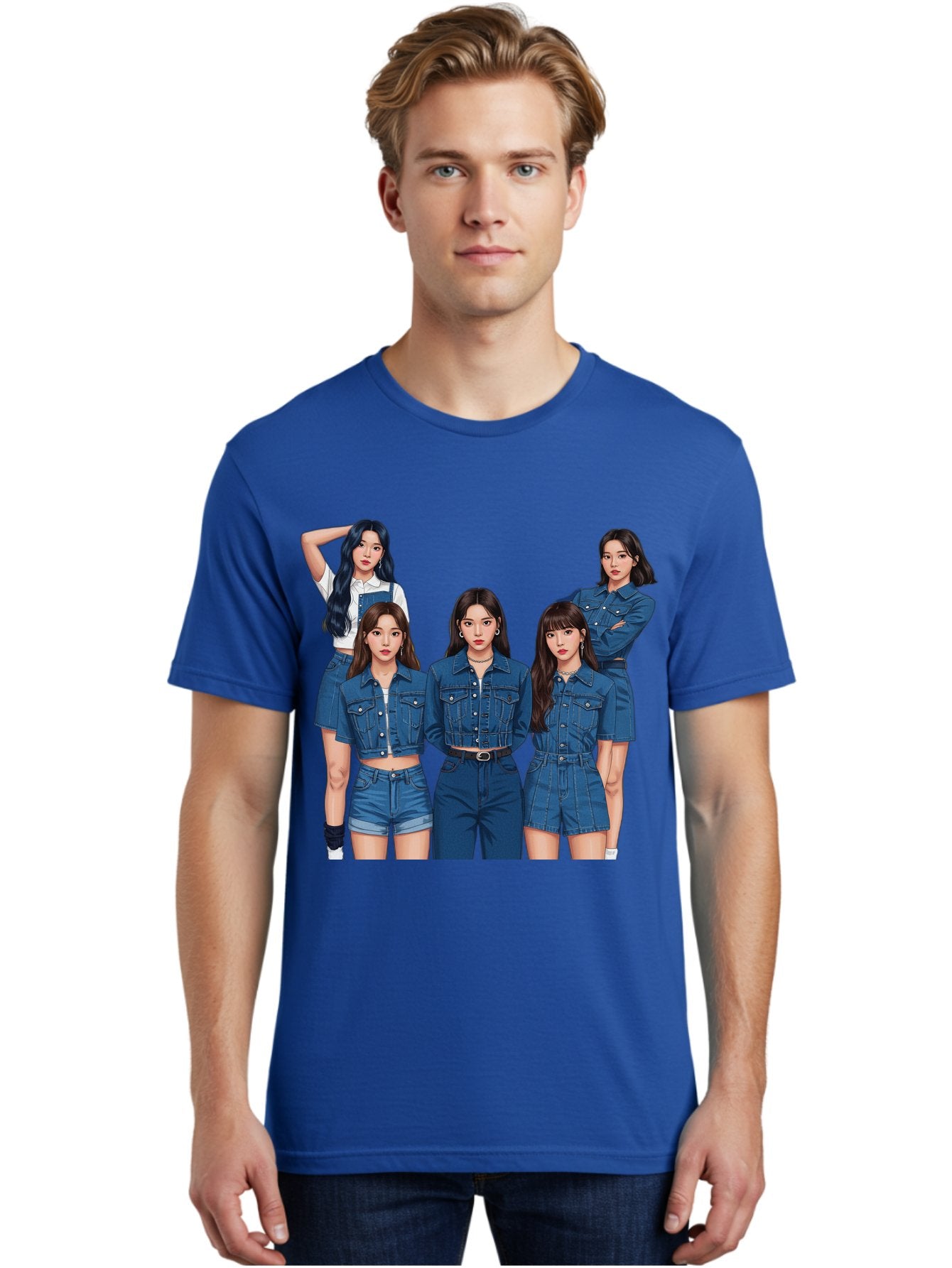 Newjeans-Group-Shot Men'S Graphic Tee, 100% Cotton, Comfortable Casual Summer Wear, Machine Washable, Newjeans K-Pop Group, Five Members, Denim Outfits, Casual Style, Fashion Icons, Group Portrait, K-Pop Fashion, Trendy Clothing, Long Hair, Bac197 24