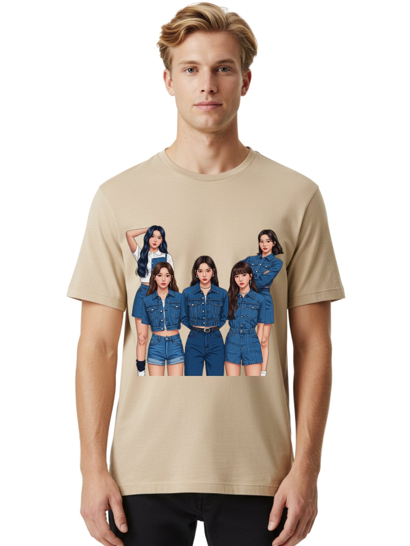 Newjeans-Group-Shot Men'S Graphic Tee, 100% Cotton, Comfortable Casual Summer Wear, Machine Washable, Newjeans K-Pop Group, Five Members, Denim Outfits, Casual Style, Fashion Icons, Group Portrait, K-Pop Fashion, Trendy Clothing, Long Hair, Bac197 26