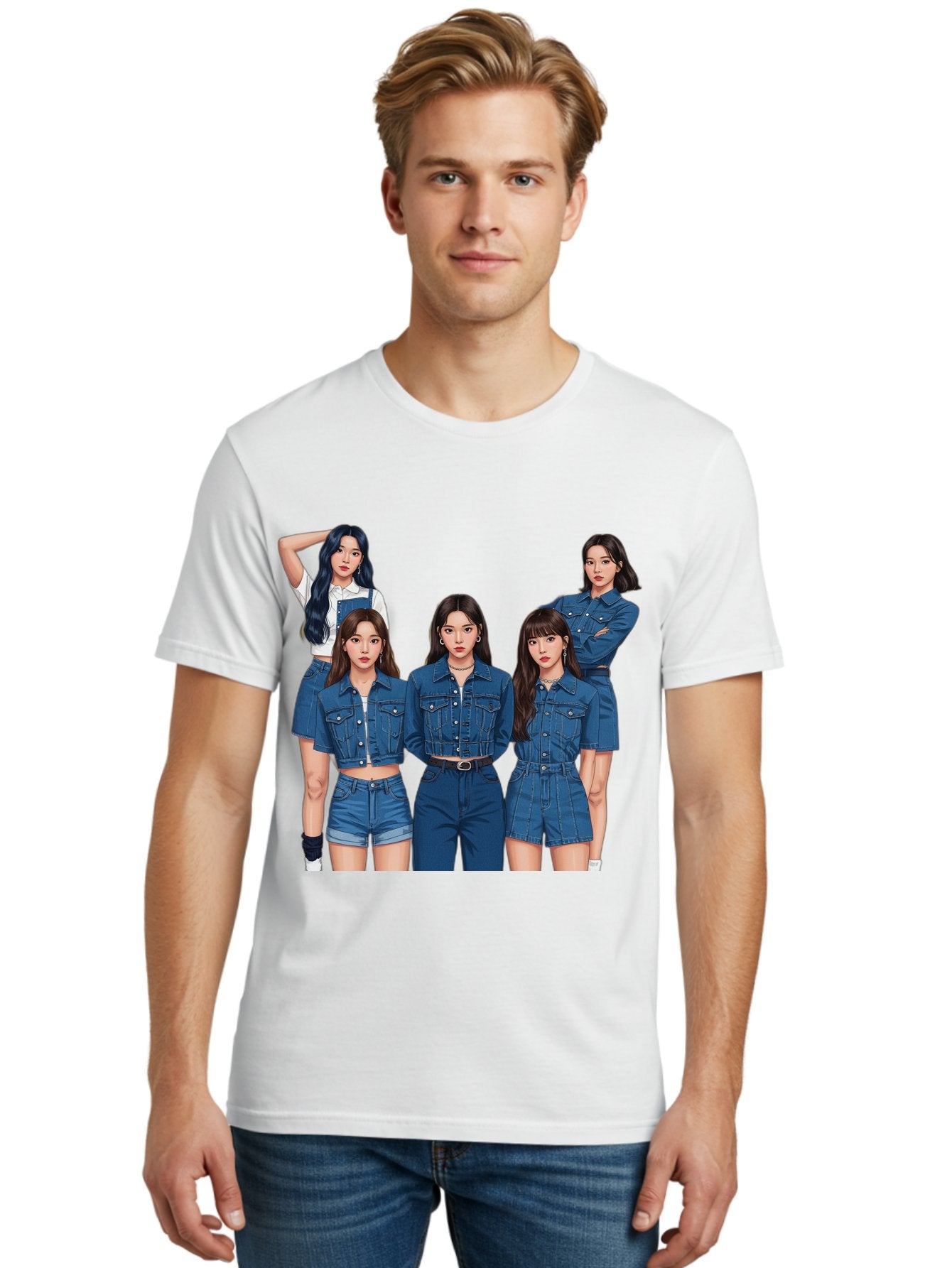 Newjeans-Group-Shot Men'S Graphic Tee, 100% Cotton, Comfortable Casual Summer Wear, Machine Washable, Newjeans K-Pop Group, Five Members, Denim Outfits, Casual Style, Fashion Icons, Group Portrait, K-Pop Fashion, Trendy Clothing, Long Hair, Bac197 21