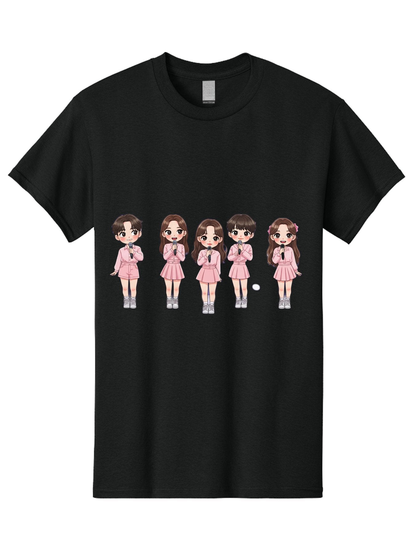 Newjeans Men'S Graphic Tee, 100% Cotton, Comfortable Casual Summer Wear, Machine Washable, Newjeans K-Pop Group, Cartoon Illustration, K-Pop Idols, Pink Outfits, Microphones, K-Pop Fandom, Chibi Style, K-Pop Fashion, Group Portrait Bac198 13