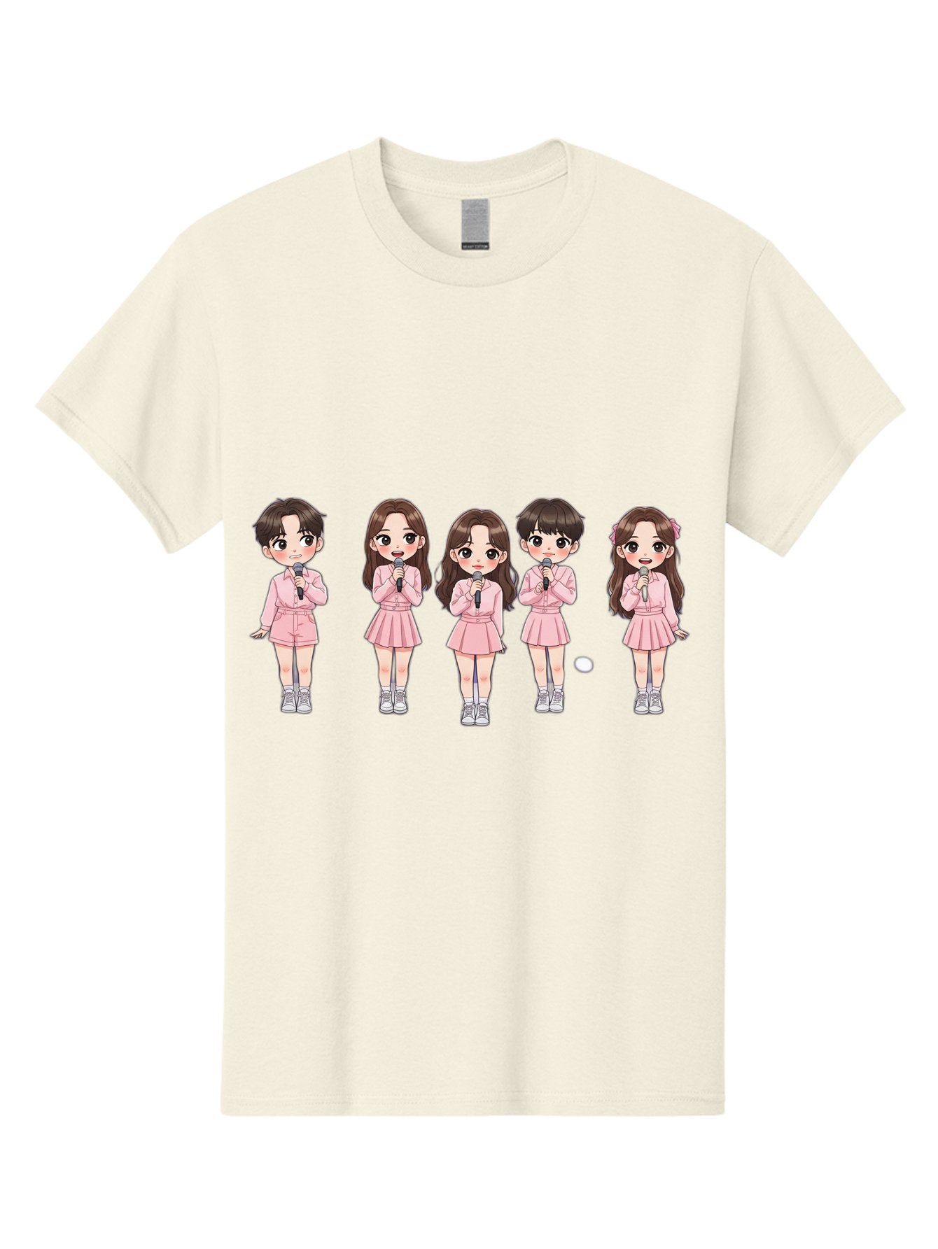 Newjeans Men'S Graphic Tee, 100% Cotton, Comfortable Casual Summer Wear, Machine Washable, Newjeans K-Pop Group, Cartoon Illustration, K-Pop Idols, Pink Outfits, Microphones, K-Pop Fandom, Chibi Style, K-Pop Fashion, Group Portrait Bac198