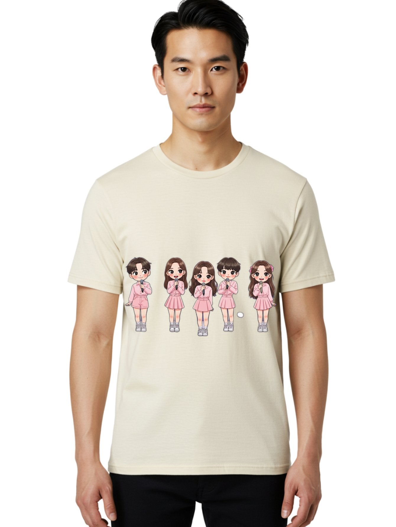 Newjeans Men'S Graphic Tee, 100% Cotton, Comfortable Casual Summer Wear, Machine Washable, Newjeans K-Pop Group, Cartoon Illustration, K-Pop Idols, Pink Outfits, Microphones, K-Pop Fandom, Chibi Style, K-Pop Fashion, Group Portrait Bac198 19