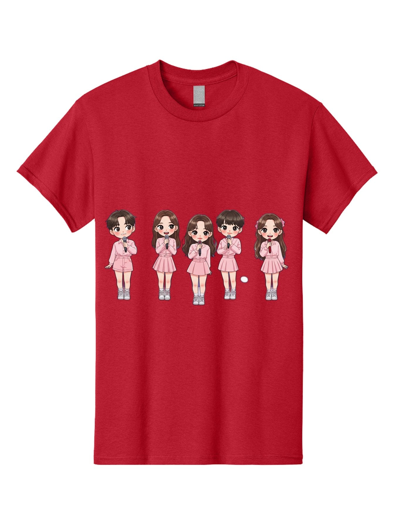 Newjeans Men'S Graphic Tee, 100% Cotton, Comfortable Casual Summer Wear, Machine Washable, Newjeans K-Pop Group, Cartoon Illustration, K-Pop Idols, Pink Outfits, Microphones, K-Pop Fandom, Chibi Style, K-Pop Fashion, Group Portrait Bac198