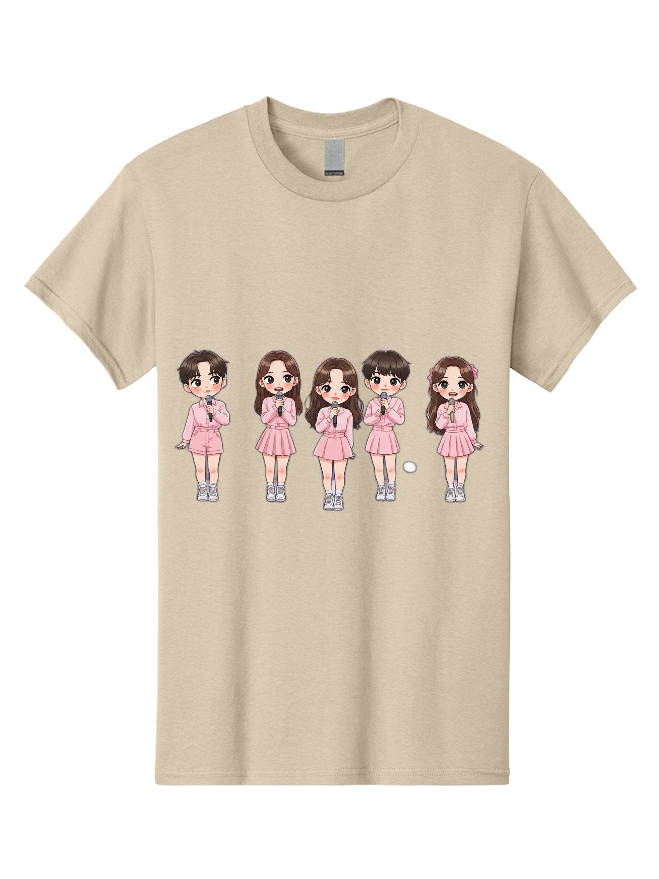 Newjeans Men'S Graphic Tee, 100% Cotton, Comfortable Casual Summer Wear, Machine Washable, Newjeans K-Pop Group, Cartoon Illustration, K-Pop Idols, Pink Outfits, Microphones, K-Pop Fandom, Chibi Style, K-Pop Fashion, Group Portrait Bac198 6