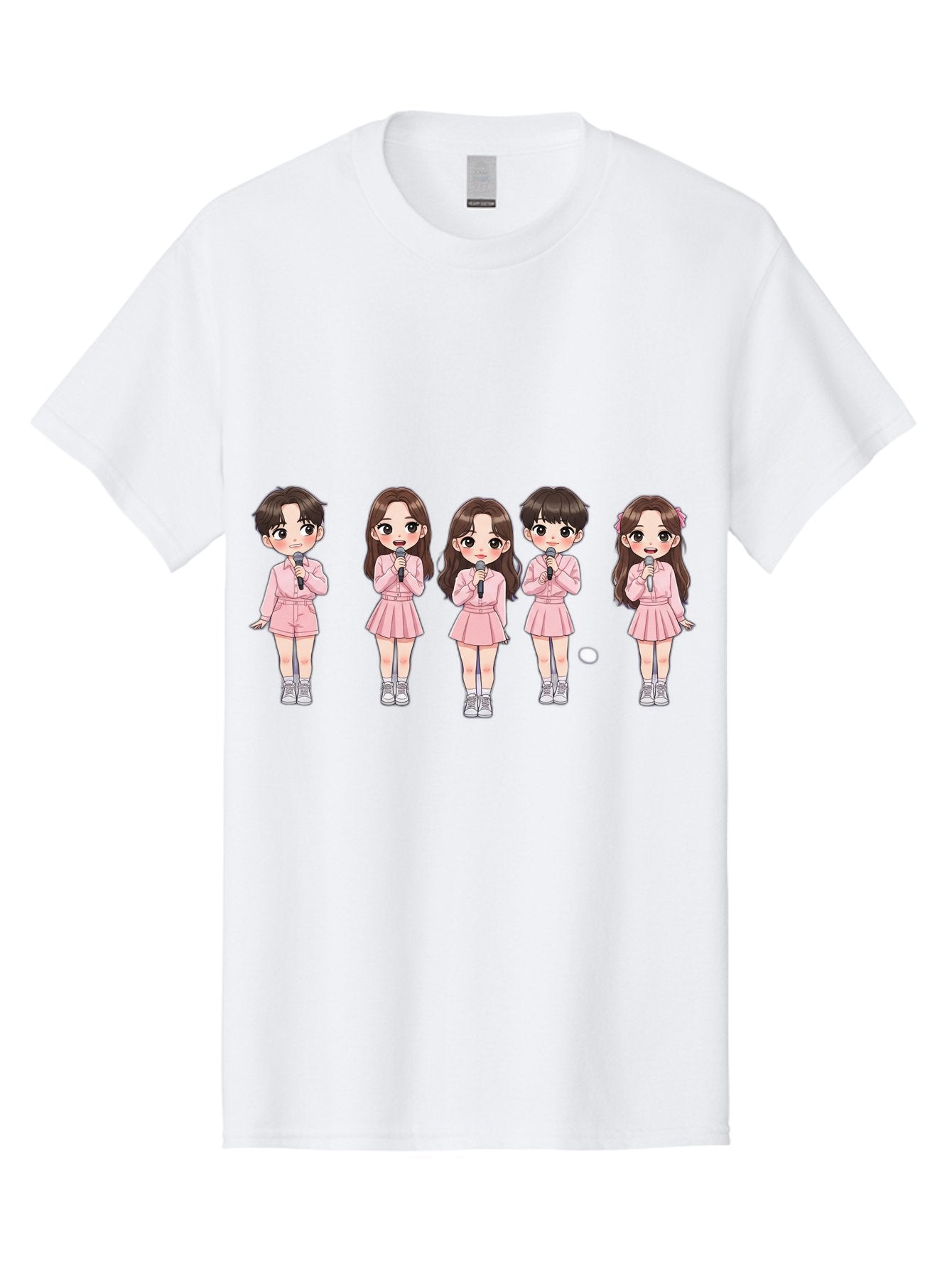 Newjeans Men'S Graphic Tee, 100% Cotton, Comfortable Casual Summer Wear, Machine Washable, Newjeans K-Pop Group, Cartoon Illustration, K-Pop Idols, Pink Outfits, Microphones, K-Pop Fandom, Chibi Style, K-Pop Fashion, Group Portrait Bac198 10
