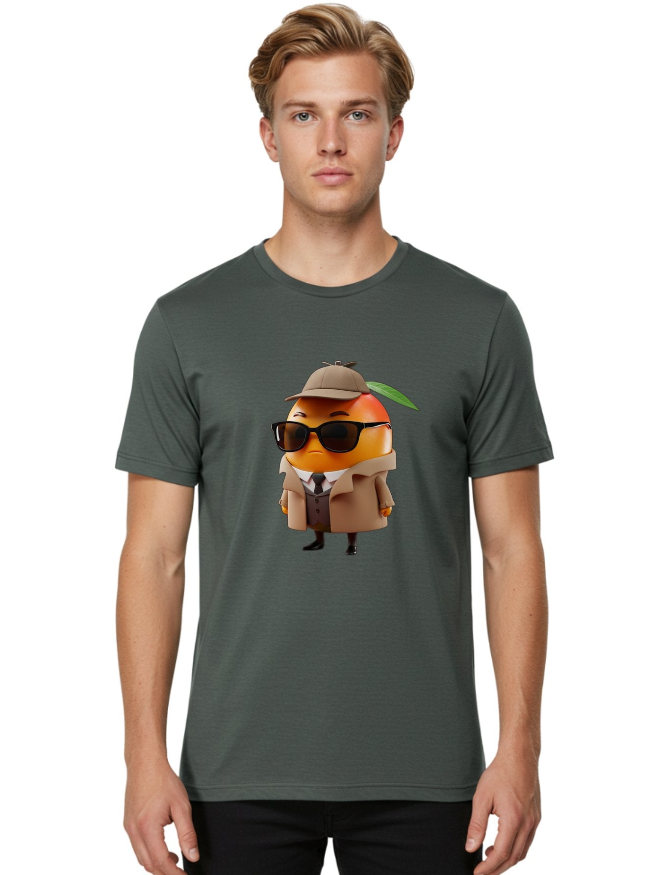 Orange-Detective Men'S Graphic Tee, 100% Cotton, Comfortable Casual Summer Wear, Machine Washable, Orange Character, Detective Orange, Anthropomorphic Fruit, Sunglasses, Trench Coat, Fedora Hat, Leaf Hatband, Stylish Outfit, Cartoon Character, Bac202 25