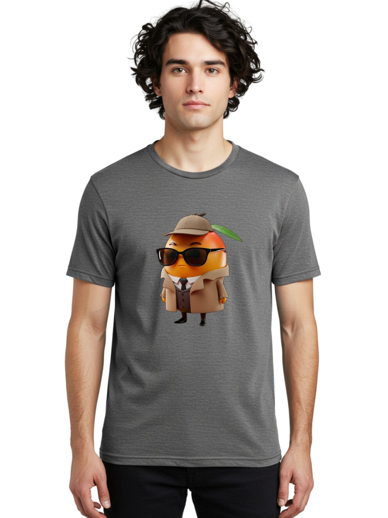 Orange-Detective Men'S Graphic Tee, 100% Cotton, Comfortable Casual Summer Wear, Machine Washable, Orange Character, Detective Orange, Anthropomorphic Fruit, Sunglasses, Trench Coat, Fedora Hat, Leaf Hatband, Stylish Outfit, Cartoon Character, Bac202 19