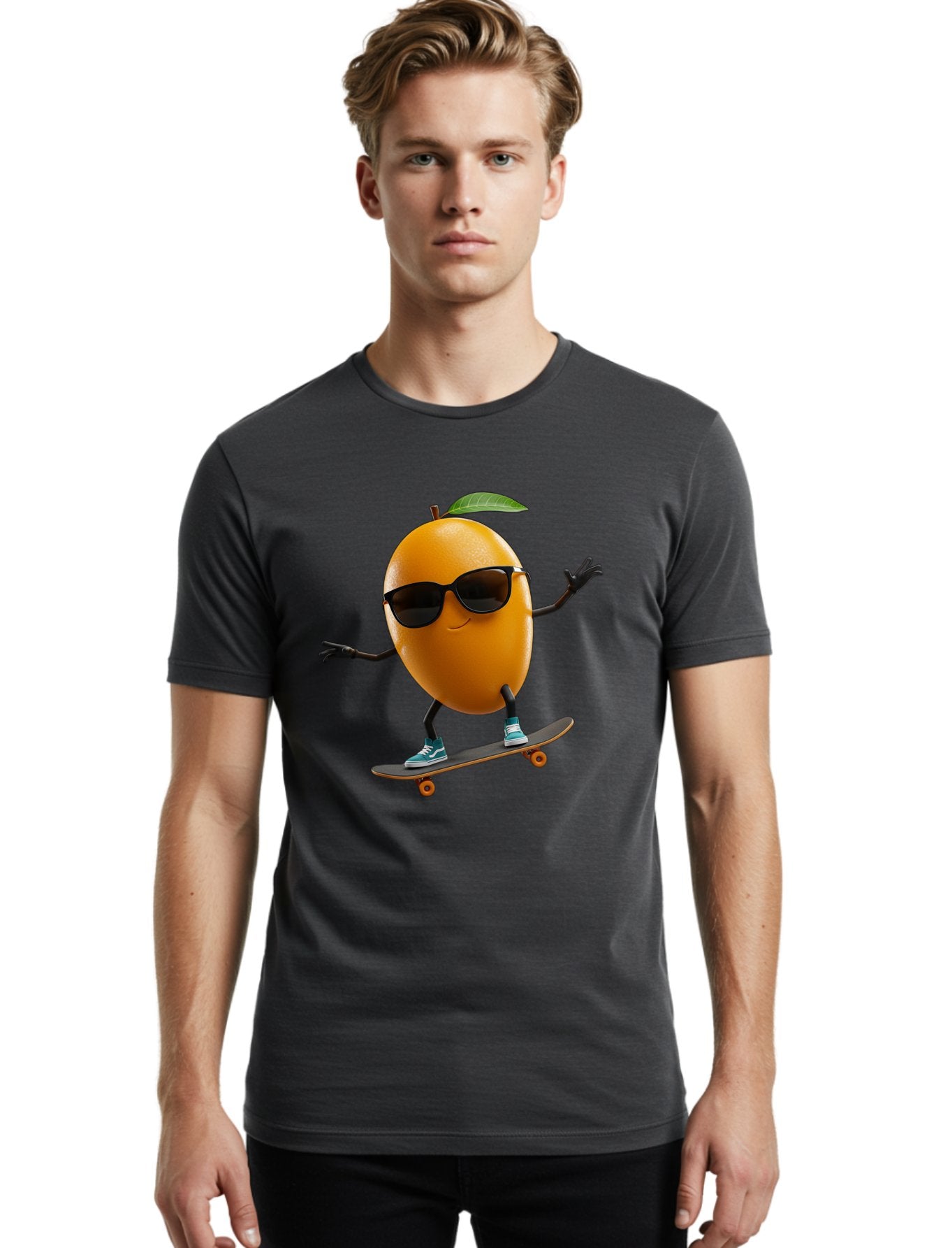 Orange-Skateboarder Men'S Graphic Tee, 100% Cotton, Comfortable Casual Summer Wear, Machine Washable, Cartoon Orange Character, Skateboarding, Sunglasses, Sneakers, Fun, Playful, Vibrant, Citrus Fruit Animation, Orange Skateboarder, Bac203 16