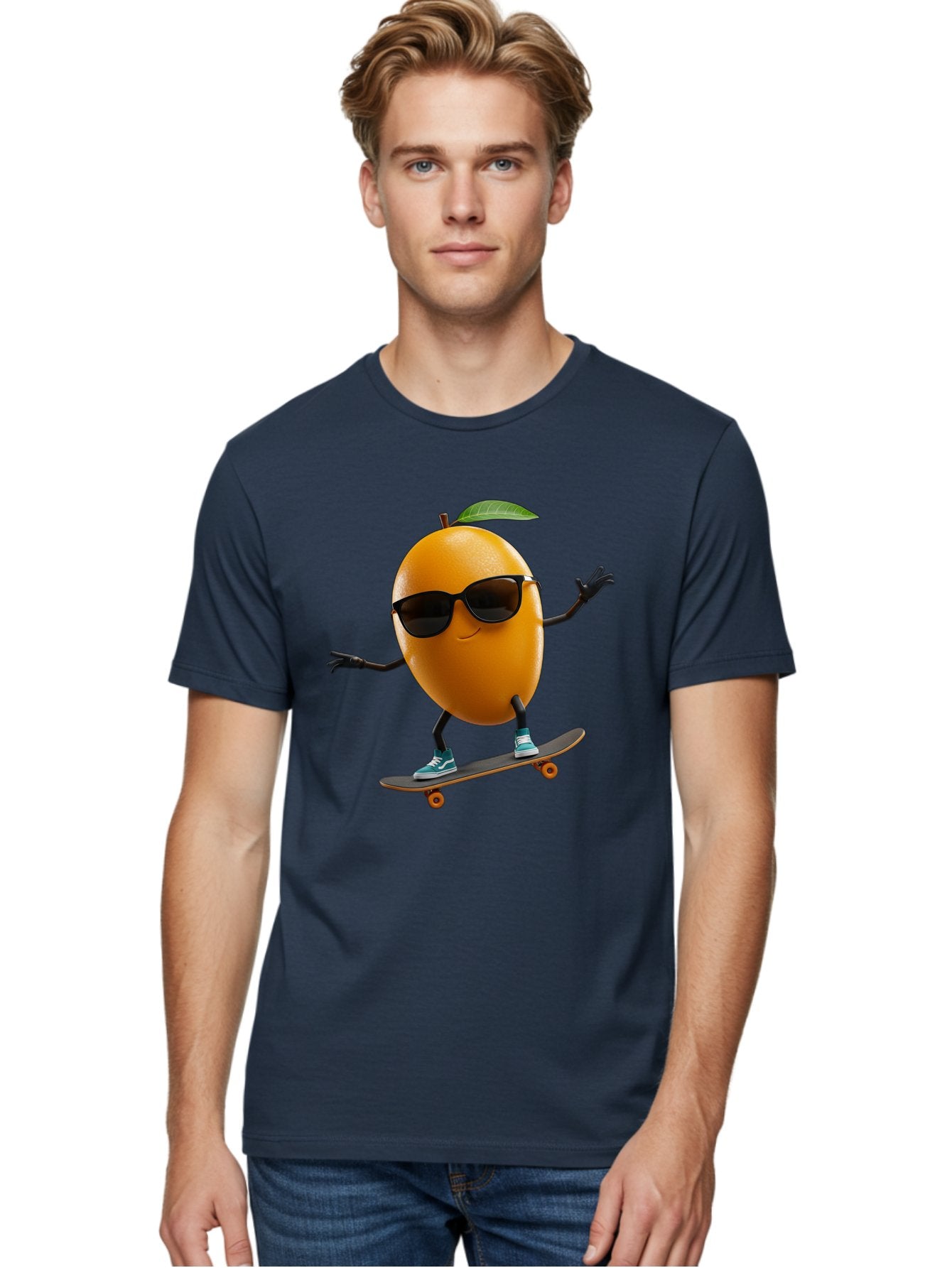Orange-Skateboarder Men'S Graphic Tee, 100% Cotton, Comfortable Casual Summer Wear, Machine Washable, Cartoon Orange Character, Skateboarding, Sunglasses, Sneakers, Fun, Playful, Vibrant, Citrus Fruit Animation, Orange Skateboarder, Bac203 24