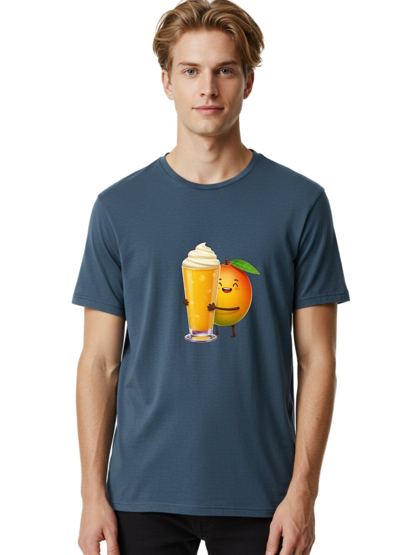 Orange-Smoothie Men'S Graphic Tee, 100% Cotton, Comfortable Casual Summer Wear, Machine Washable, Mango Smoothie, Creamy Texture, Orange Drink, Whipped Cream Topping, Cartoon Mango, Smiling Fruit, Happy Character, Refreshing Beverage, Bac204 23
