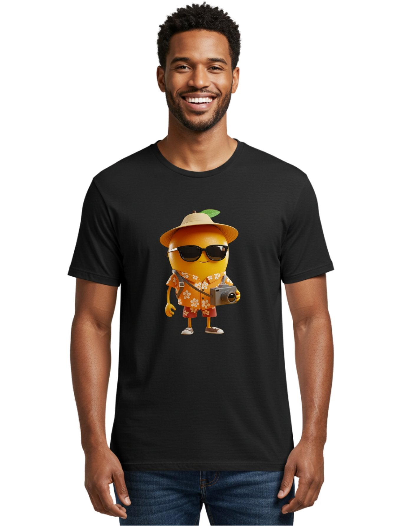 Orange-Tourist Men'S Graphic Tee, 100% Cotton, Comfortable Casual Summer Wear, Machine Washable, Cartoon Orange Character, Tourist Attire, Hawaiian Shirt, Sunglasses, Camera, Tropical Vibe, Summer Vacation, Fun And Quirky, Citrus Fruit, Bac205 28