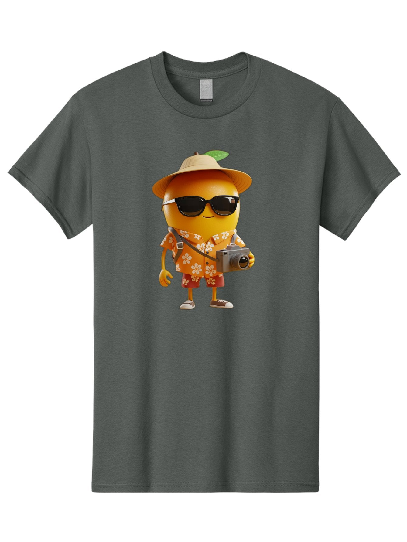 Orange-Tourist Men'S Graphic Tee, 100% Cotton, Comfortable Casual Summer Wear, Machine Washable, Cartoon Orange Character, Tourist Attire, Hawaiian Shirt, Sunglasses, Camera, Tropical Vibe, Summer Vacation, Fun And Quirky, Citrus Fruit, Bac205 11