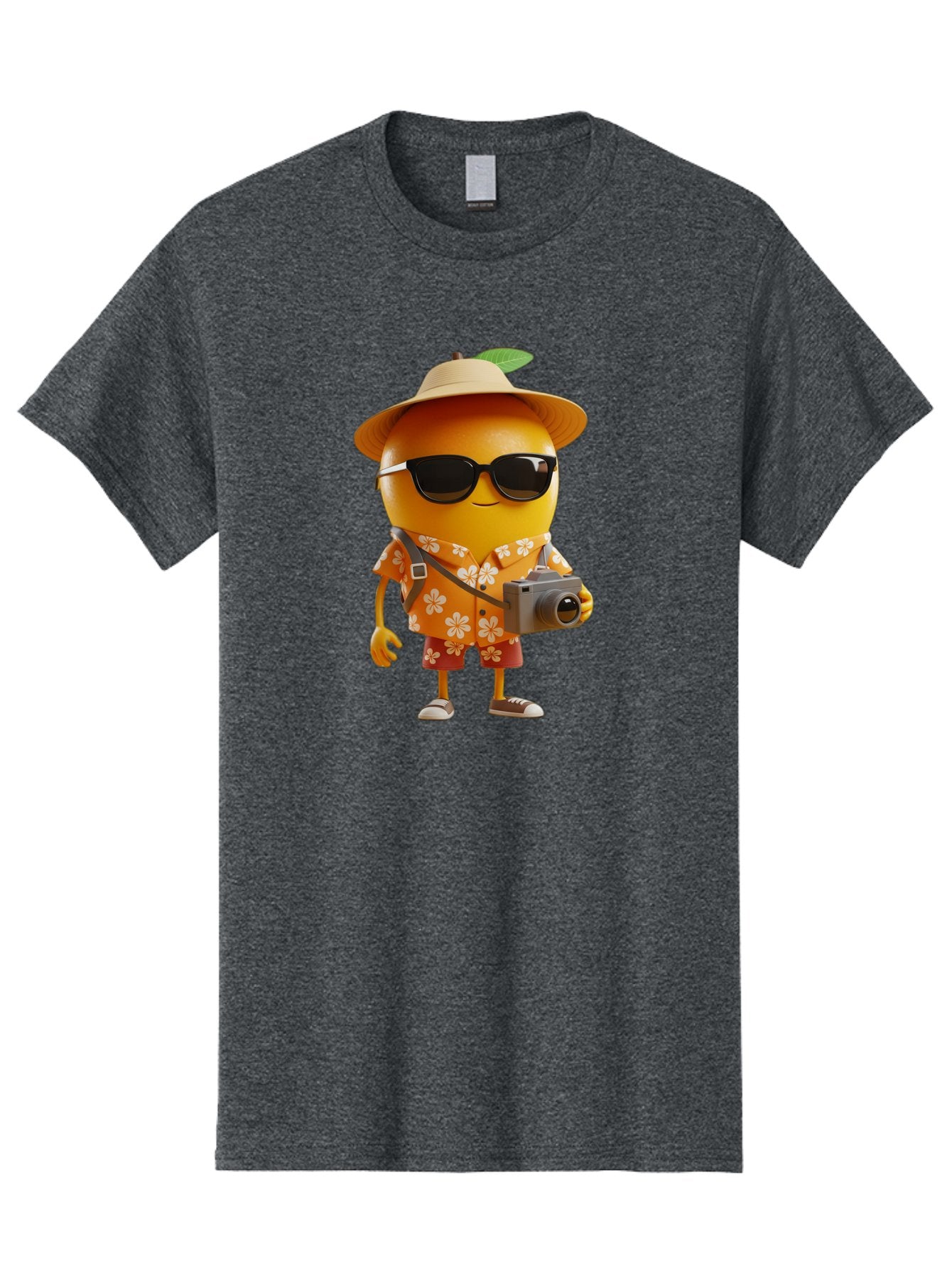 Orange-Tourist Men'S Graphic Tee, 100% Cotton, Comfortable Casual Summer Wear, Machine Washable, Cartoon Orange Character, Tourist Attire, Hawaiian Shirt, Sunglasses, Camera, Tropical Vibe, Summer Vacation, Fun And Quirky, Citrus Fruit, Bac205