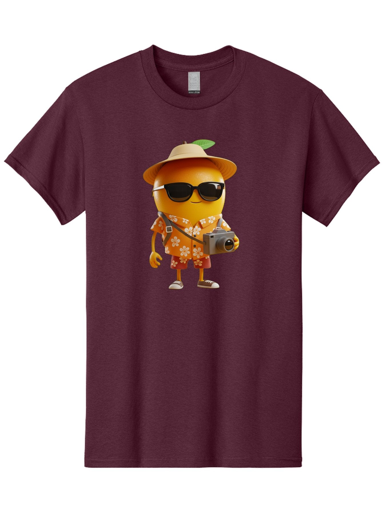 Orange-Tourist Men'S Graphic Tee, 100% Cotton, Comfortable Casual Summer Wear, Machine Washable, Cartoon Orange Character, Tourist Attire, Hawaiian Shirt, Sunglasses, Camera, Tropical Vibe, Summer Vacation, Fun And Quirky, Citrus Fruit, Bac205