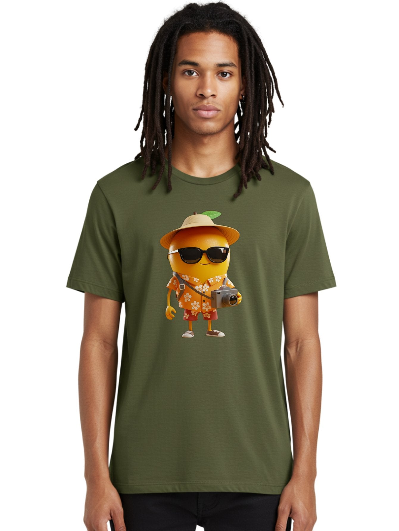 Orange-Tourist Men'S Graphic Tee, 100% Cotton, Comfortable Casual Summer Wear, Machine Washable, Cartoon Orange Character, Tourist Attire, Hawaiian Shirt, Sunglasses, Camera, Tropical Vibe, Summer Vacation, Fun And Quirky, Citrus Fruit, Bac205 24