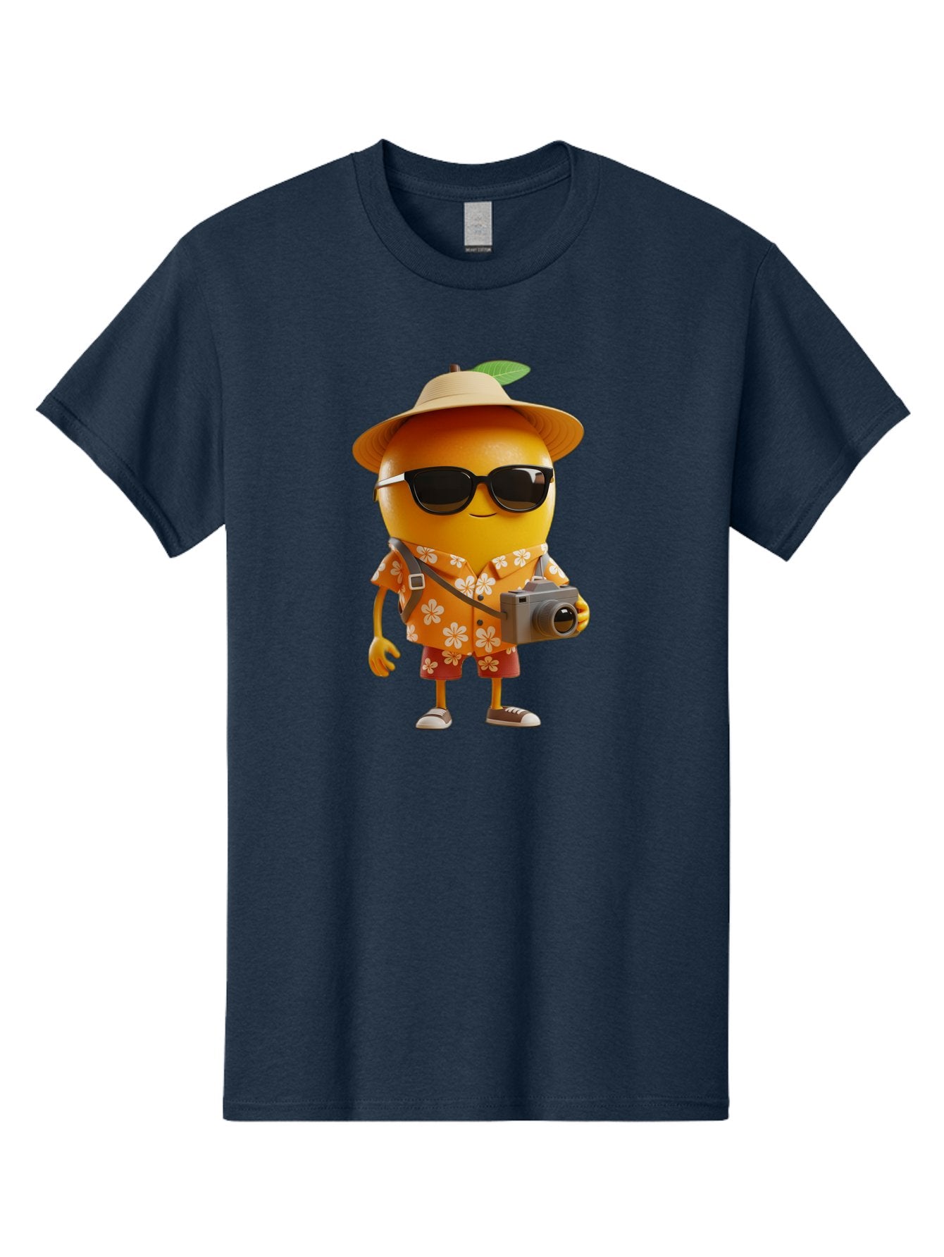 Orange-Tourist Men'S Graphic Tee, 100% Cotton, Comfortable Casual Summer Wear, Machine Washable, Cartoon Orange Character, Tourist Attire, Hawaiian Shirt, Sunglasses, Camera, Tropical Vibe, Summer Vacation, Fun And Quirky, Citrus Fruit, Bac205 7