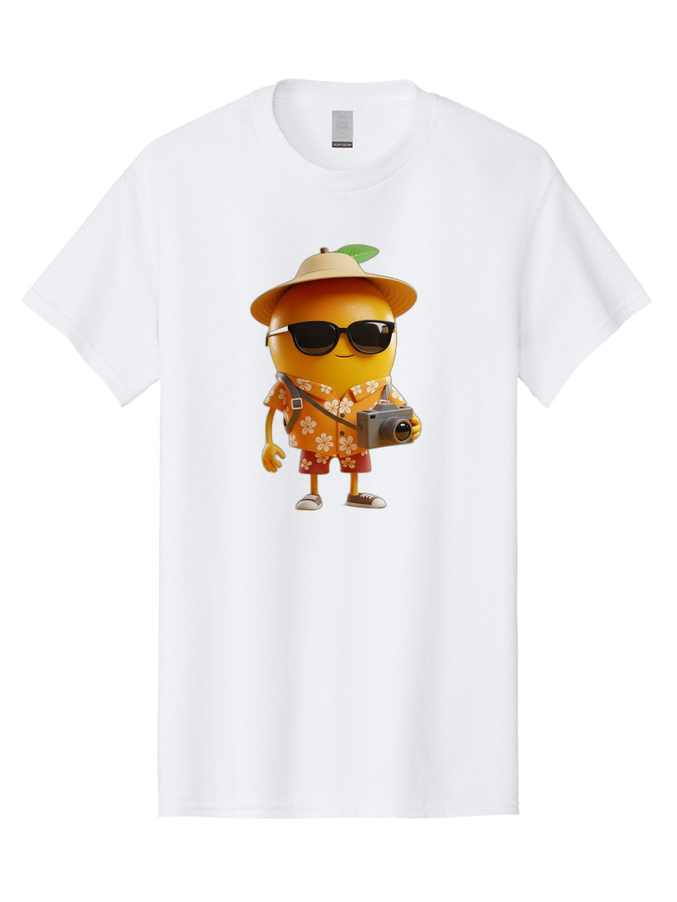 Orange-Tourist Men'S Graphic Tee, 100% Cotton, Comfortable Casual Summer Wear, Machine Washable, Cartoon Orange Character, Tourist Attire, Hawaiian Shirt, Sunglasses, Camera, Tropical Vibe, Summer Vacation, Fun And Quirky, Citrus Fruit, Bac205 9