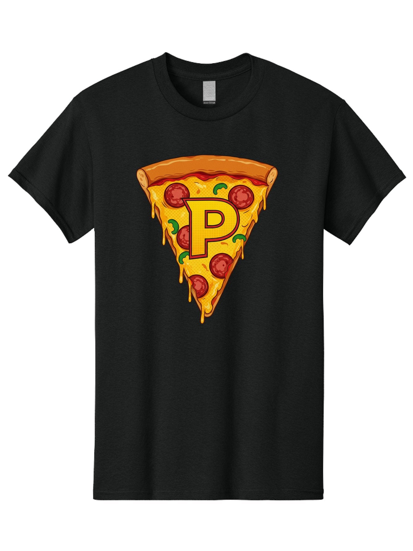 P-Pizza-Slice Men'S Graphic Tee, 100% Cotton, Comfortable Casual Summer Wear, Machine Washable, Pizza Slice, Melted Cheese, Pepperoni Toppings, Green Peppers, Italian Food, Letter P, Cartoon Style, Food Illustration, Cheesy Goodness, Bac206 15