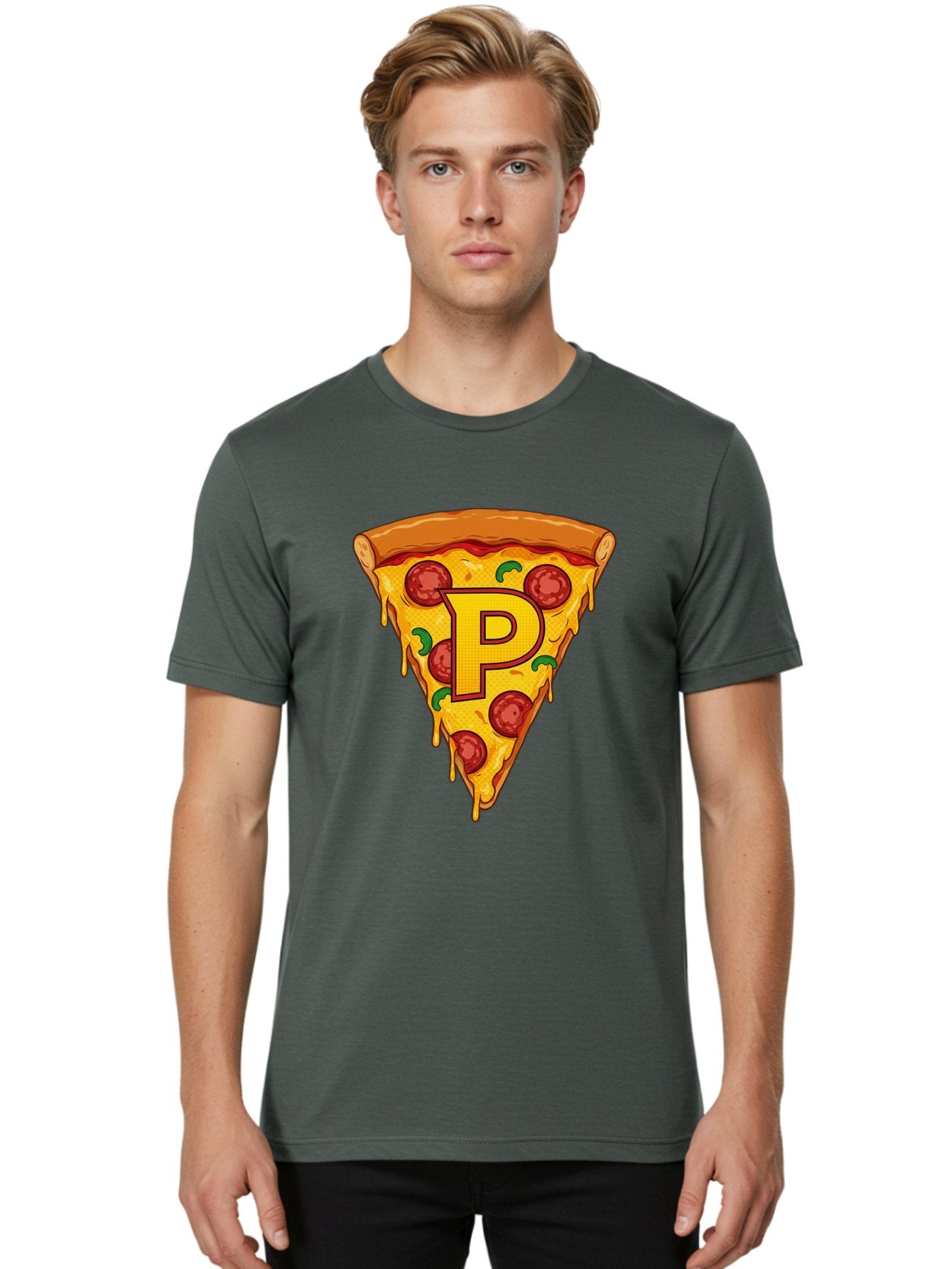 P-Pizza-Slice Men'S Graphic Tee, 100% Cotton, Comfortable Casual Summer Wear, Machine Washable, Pizza Slice, Melted Cheese, Pepperoni Toppings, Green Peppers, Italian Food, Letter P, Cartoon Style, Food Illustration, Cheesy Goodness, Bac206 29