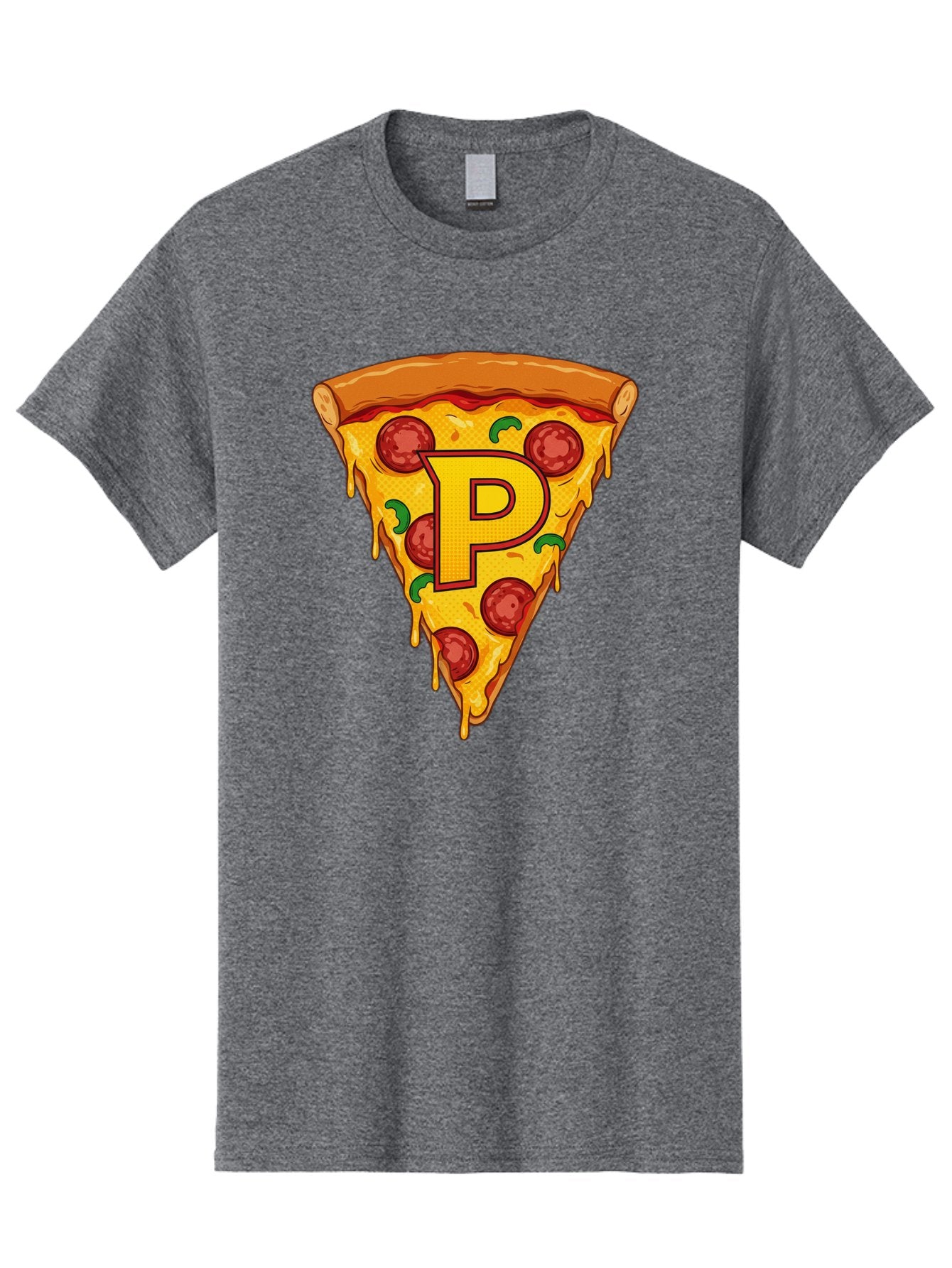 P-Pizza-Slice Men'S Graphic Tee, 100% Cotton, Comfortable Casual Summer Wear, Machine Washable, Pizza Slice, Melted Cheese, Pepperoni Toppings, Green Peppers, Italian Food, Letter P, Cartoon Style, Food Illustration, Cheesy Goodness, Bac206 3