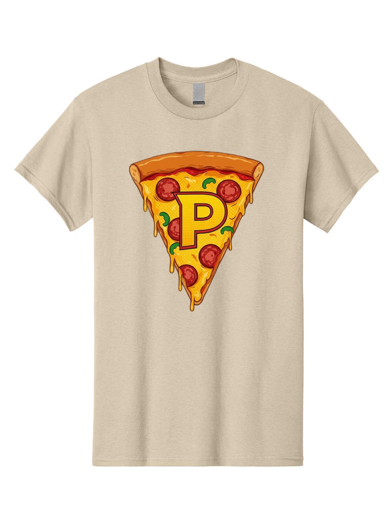 P-Pizza-Slice Men'S Graphic Tee, 100% Cotton, Comfortable Casual Summer Wear, Machine Washable, Pizza Slice, Melted Cheese, Pepperoni Toppings, Green Peppers, Italian Food, Letter P, Cartoon Style, Food Illustration, Cheesy Goodness, Bac206 8