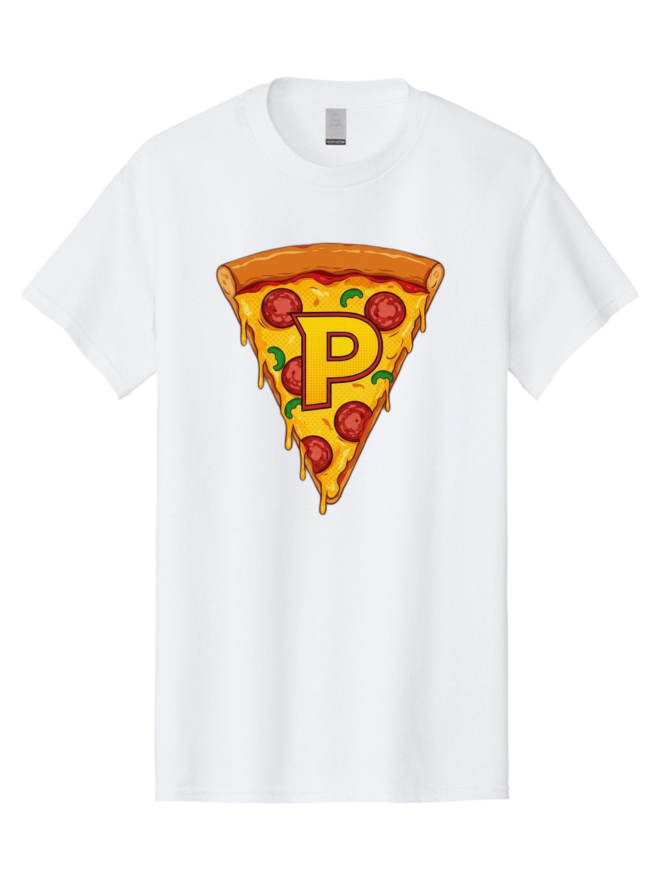 P-Pizza-Slice Men'S Graphic Tee, 100% Cotton, Comfortable Casual Summer Wear, Machine Washable, Pizza Slice, Melted Cheese, Pepperoni Toppings, Green Peppers, Italian Food, Letter P, Cartoon Style, Food Illustration, Cheesy Goodness, Bac206 5