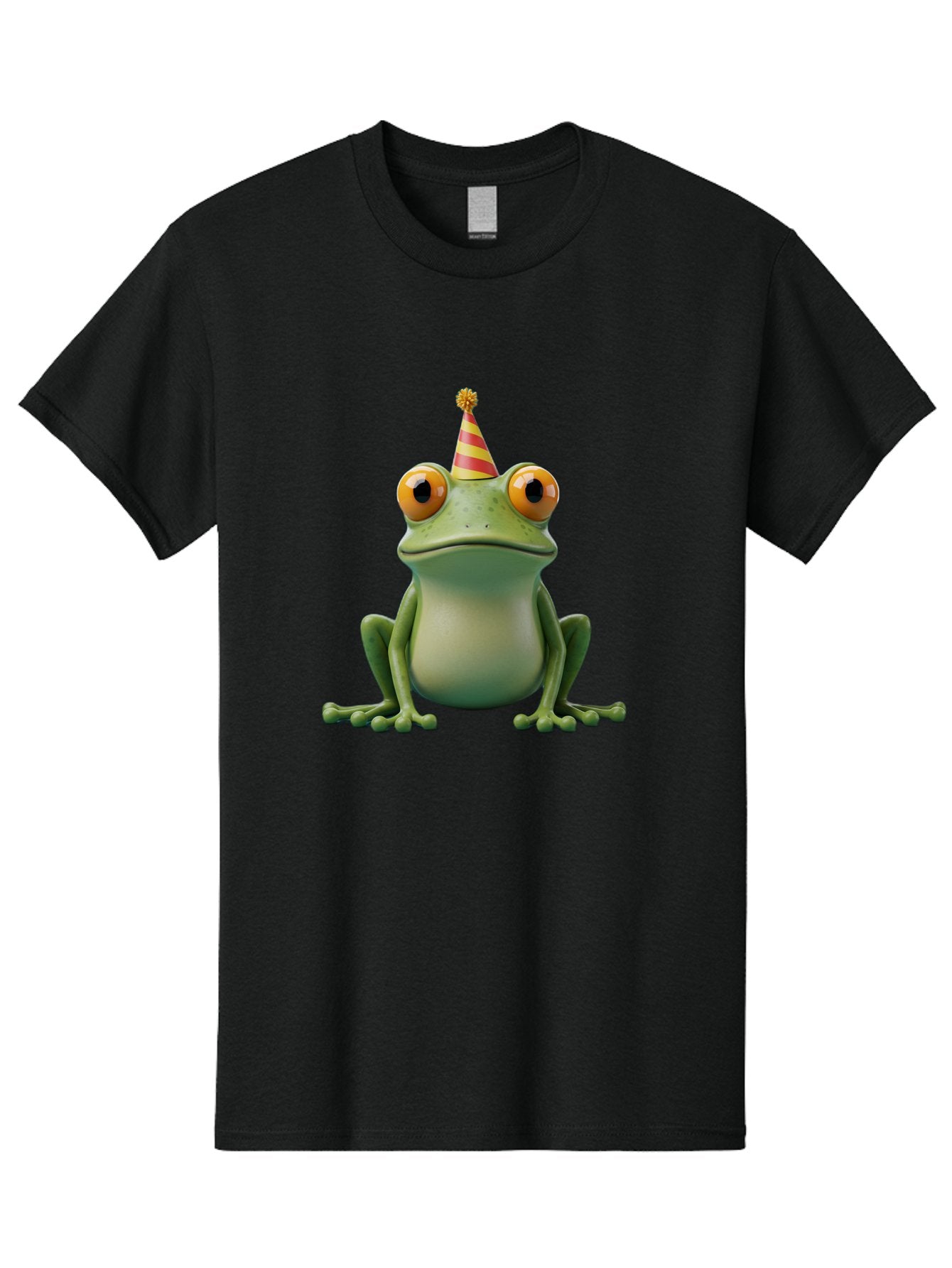 Party-Frog-1 Men'S Graphic Tee, 100% Cotton, Comfortable Casual Summer Wear, Machine Washable, Funny Frog, Cartoon Character, Party Hat, Celebration Theme, Festive Atmosphere, Birthday Party, Humorous Illustration, 3D Rendering, Comical Eyes Bac209 3