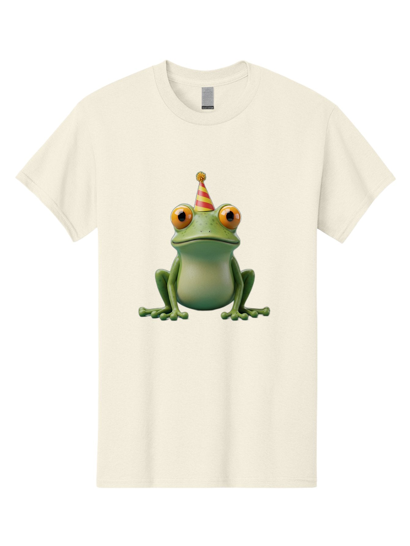 Party-Frog-1 Men'S Graphic Tee, 100% Cotton, Comfortable Casual Summer Wear, Machine Washable, Funny Frog, Cartoon Character, Party Hat, Celebration Theme, Festive Atmosphere, Birthday Party, Humorous Illustration, 3D Rendering, Comical Eyes Bac209