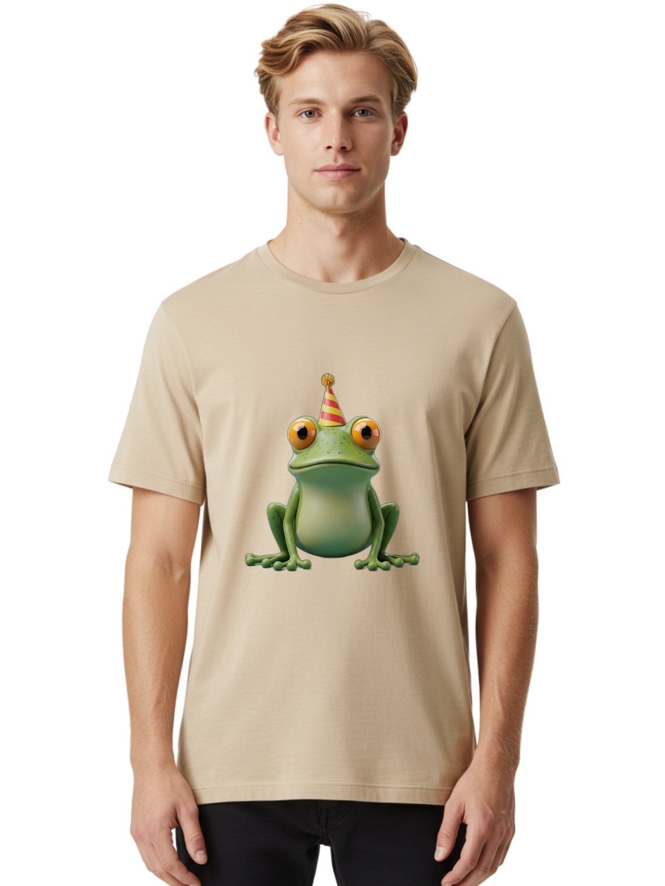 Party-Frog-1 Men'S Graphic Tee, 100% Cotton, Comfortable Casual Summer Wear, Machine Washable, Funny Frog, Cartoon Character, Party Hat, Celebration Theme, Festive Atmosphere, Birthday Party, Humorous Illustration, 3D Rendering, Comical Eyes Bac209 18