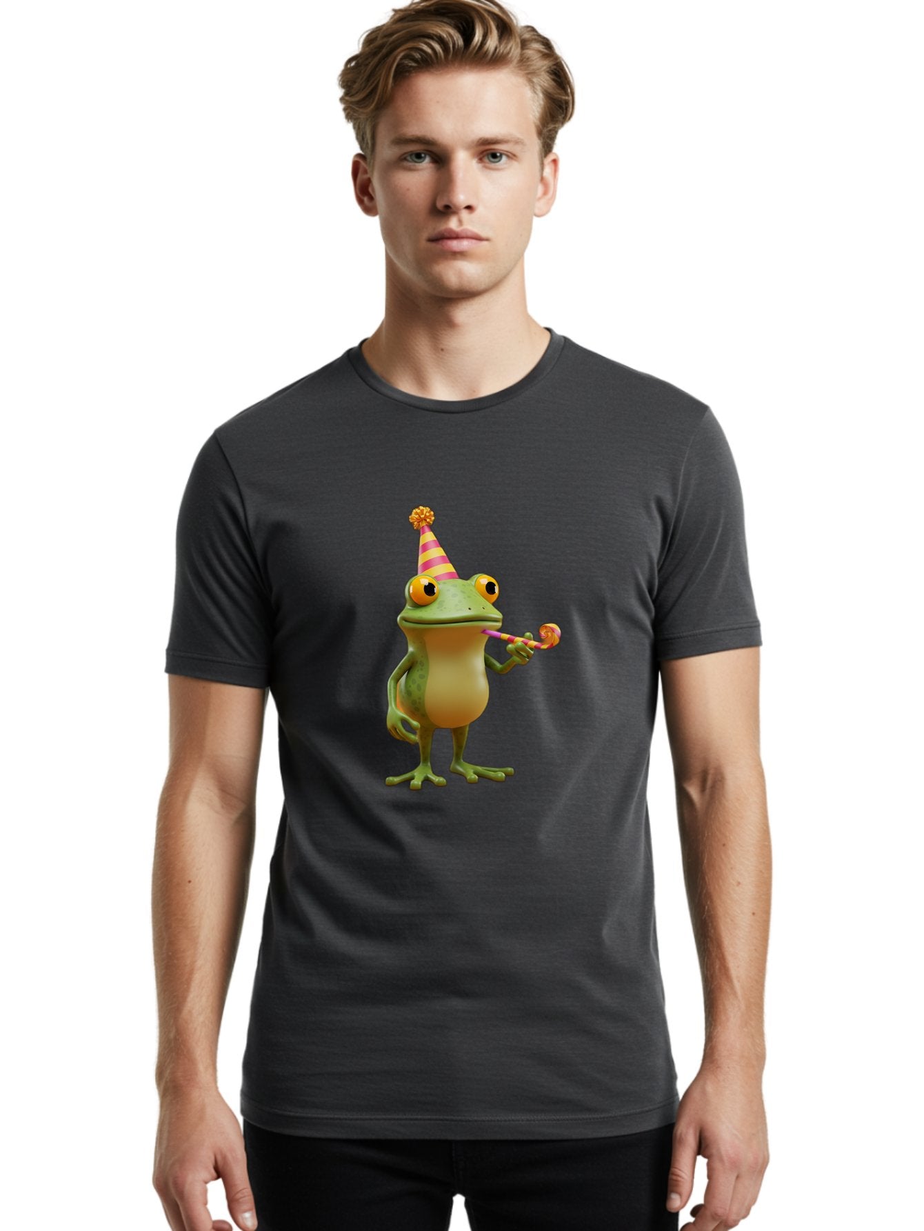 Party-Frog-2 Men'S Graphic Tee, 100% Cotton, Comfortable Casual Summer Wear, Machine Washable, Funny Cartoon Frog, Party Hat, Blowout Noise Maker, Playful Gesture, Whimsical Character, Vibrant Colors, Celebratory Mood, Comical Image, Bac210 23